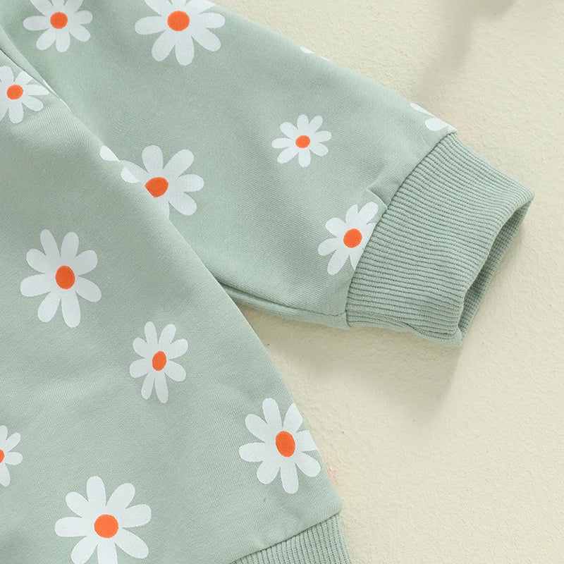 Toddler Kids Girls 2Pcs Fall Outfit Flower Daisy Print Long Sleeve Crewneck Top Elastic Waist Pants with Pockets Set - Image 5