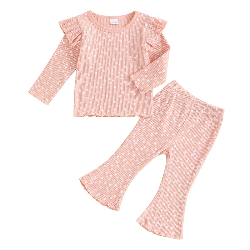 Toddler Kids Girls 2Pcs Fall Outfit Ruffle Flower Print Long Sleeve Top + Flare Pants Set - Image 7