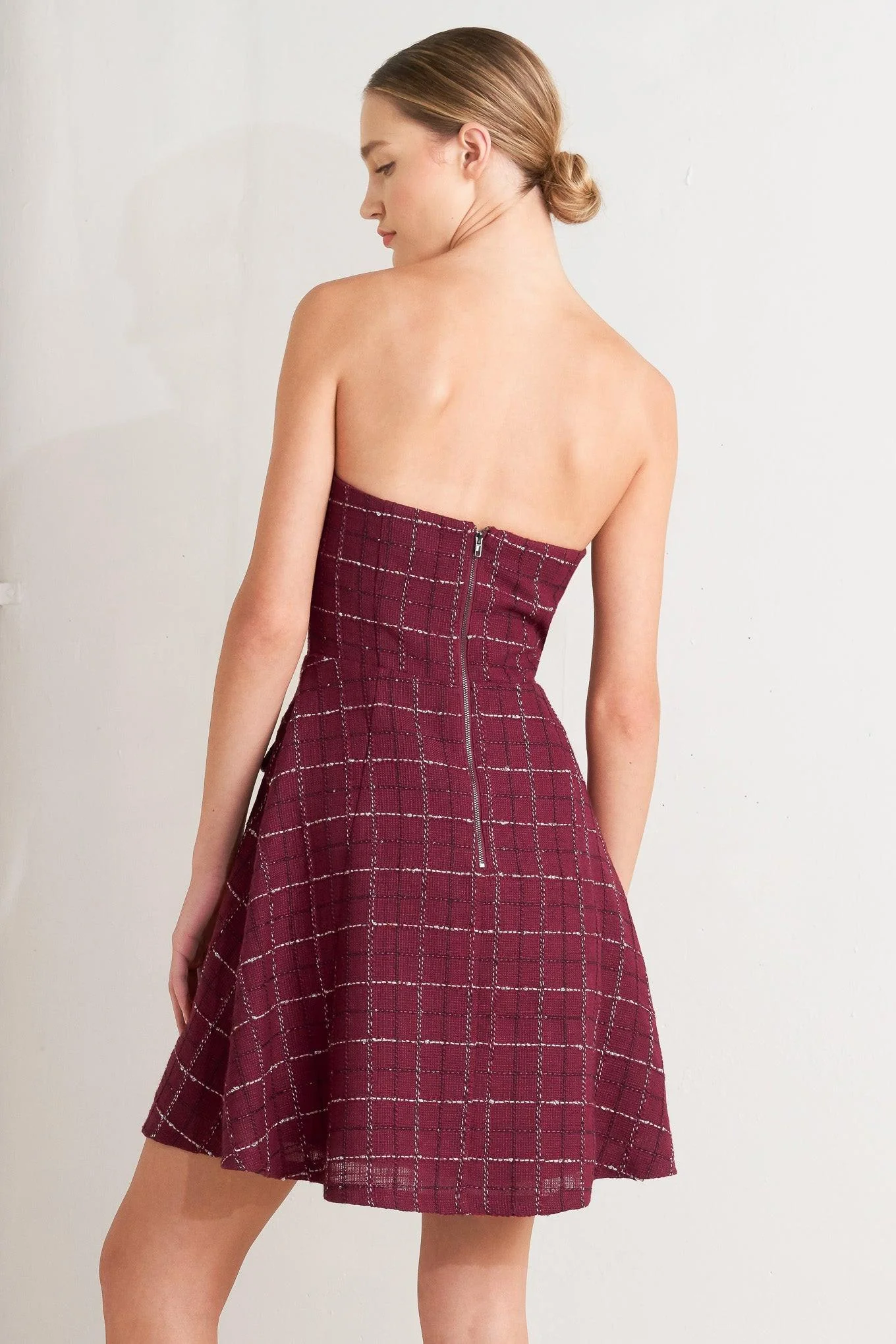 Tweed Doll Wine Woven Mini Dress - Image 3