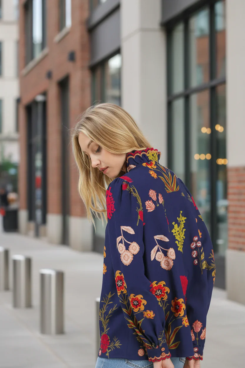 Umgee Flower Print Blouse with Scalloped Neckline - Image 5