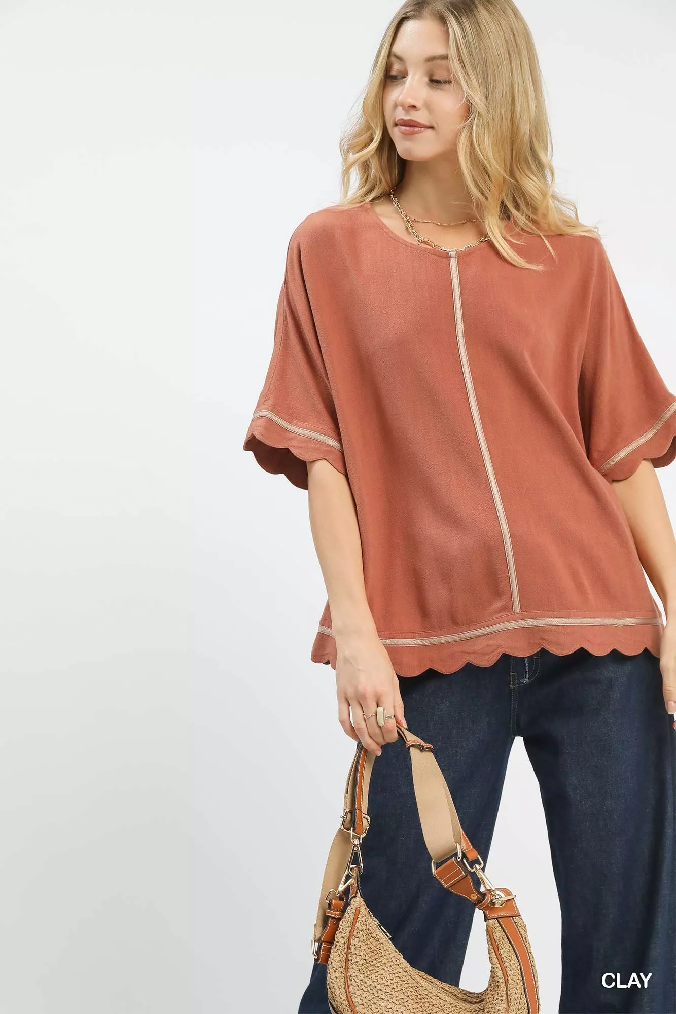 Umgee Linen Blend Scallop Trim Top - Image 2
