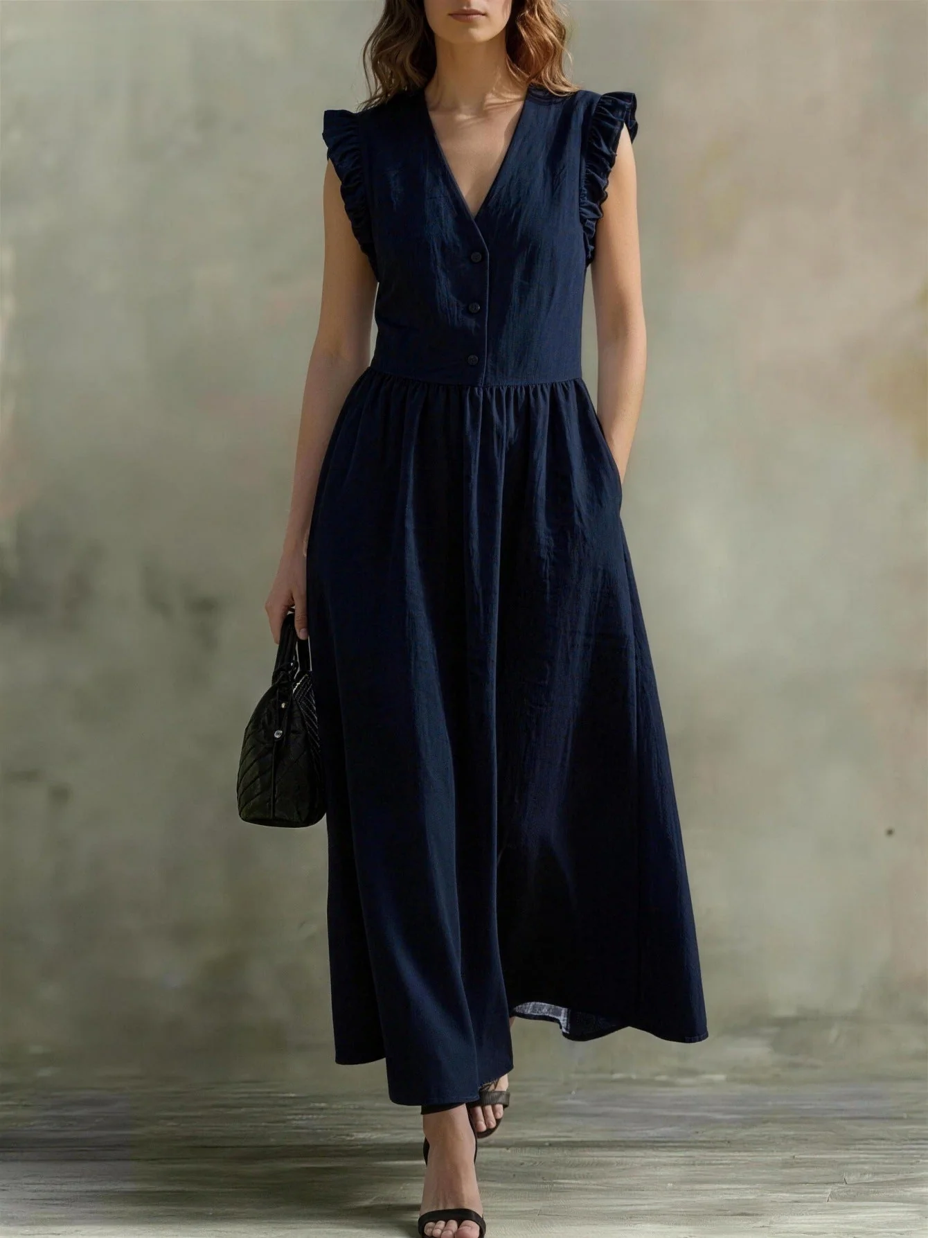 V-Neck Puff-Sleeve Dress with Pockets – Cotton Linen, 7 Colors - Image 10