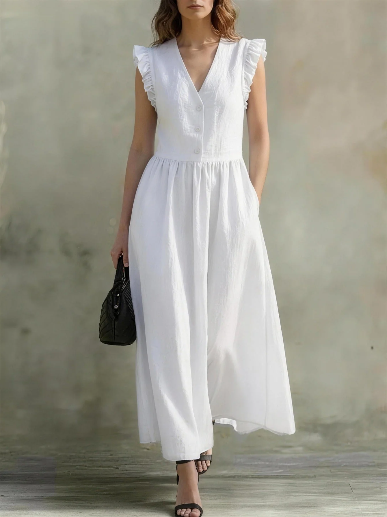 V-Neck Puff-Sleeve Dress with Pockets – Cotton Linen, 7 Colors - Image 11