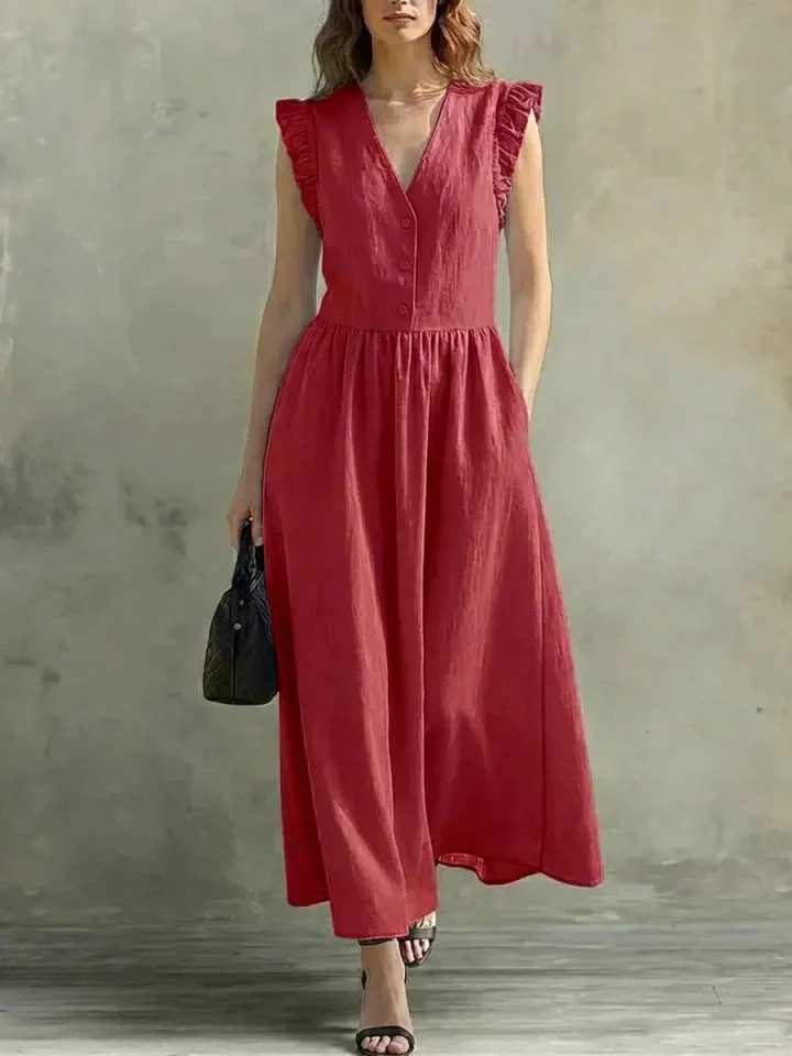 V-Neck Puff-Sleeve Dress with Pockets – Cotton Linen, 7 Colors - Image 12