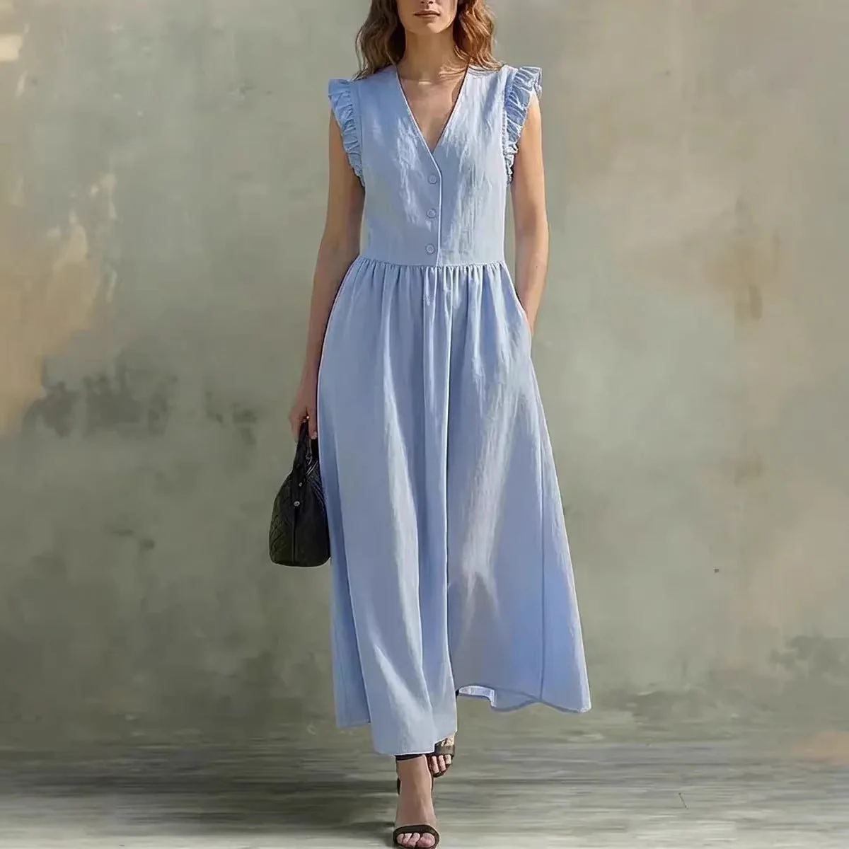 V-Neck Puff-Sleeve Dress with Pockets – Cotton Linen, 7 Colors - Image 3