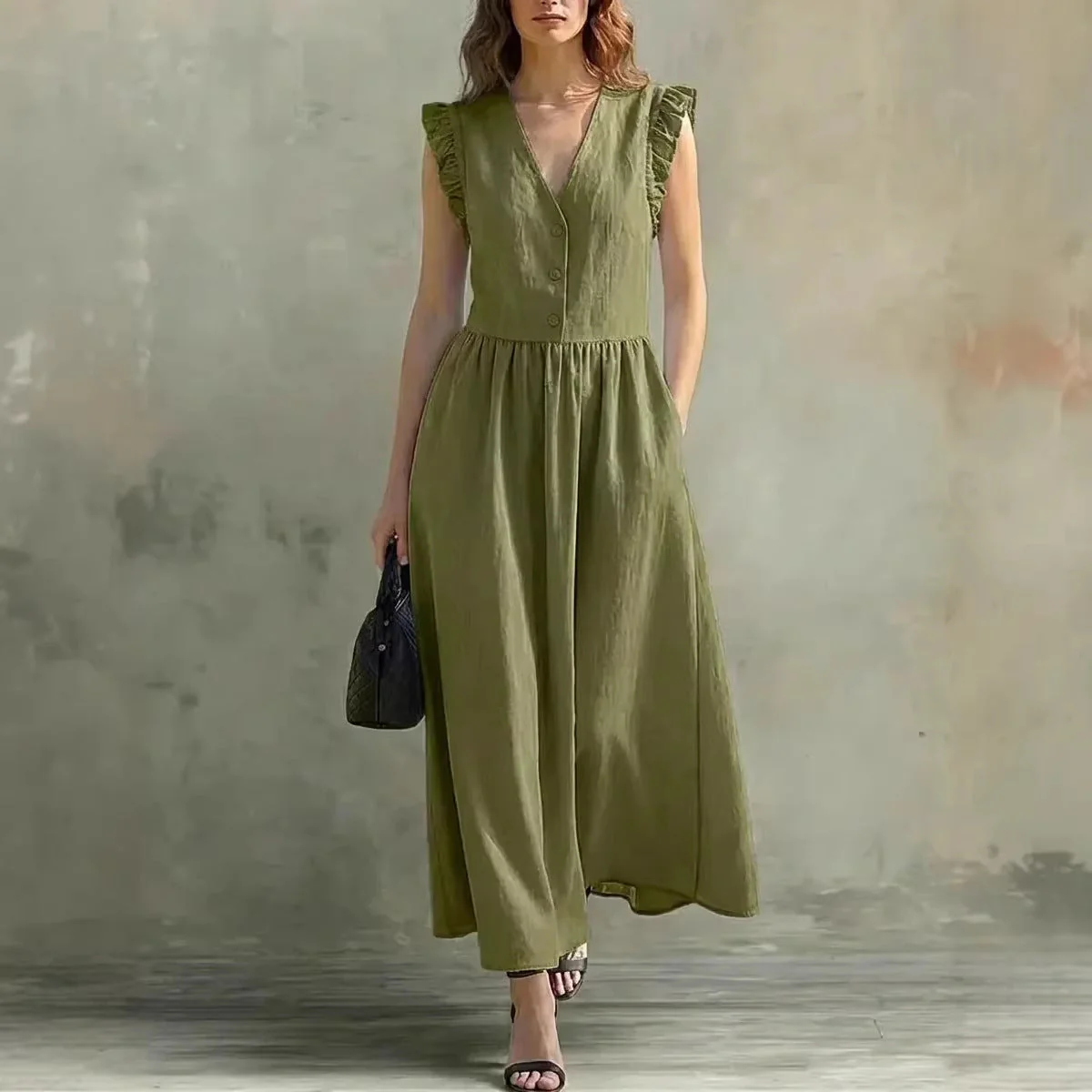 V-Neck Puff-Sleeve Dress with Pockets – Cotton Linen, 7 Colors - Image 4