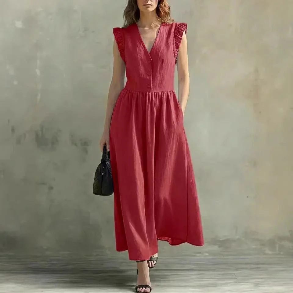 V-Neck Puff-Sleeve Dress with Pockets – Cotton Linen, 7 Colors - Image 5