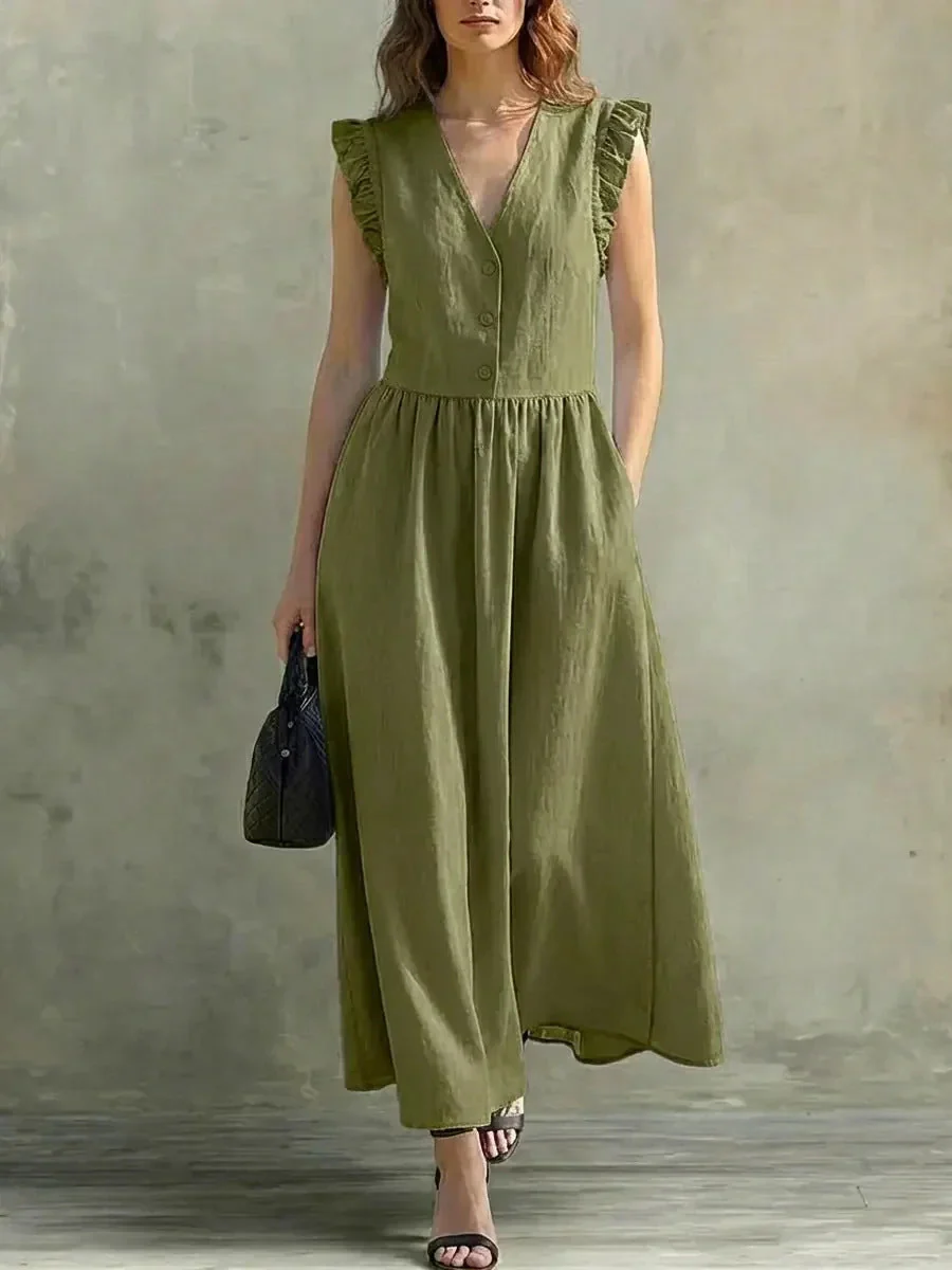 V-Neck Puff-Sleeve Dress with Pockets – Cotton Linen, 7 Colors - Image 6
