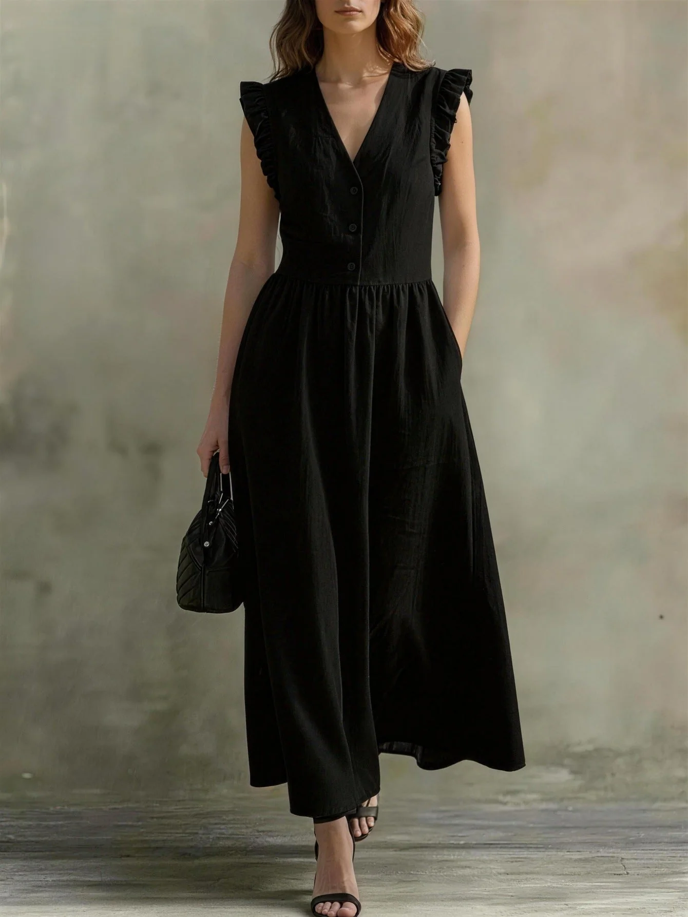 V-Neck Puff-Sleeve Dress with Pockets – Cotton Linen, 7 Colors - Image 7