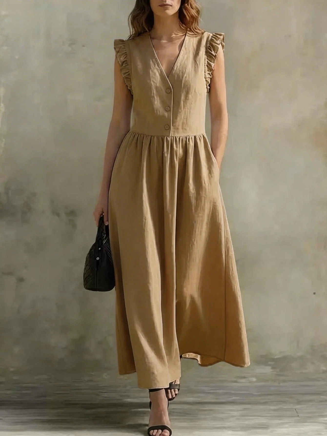 V-Neck Puff-Sleeve Dress with Pockets – Cotton Linen, 7 Colors - Image 8