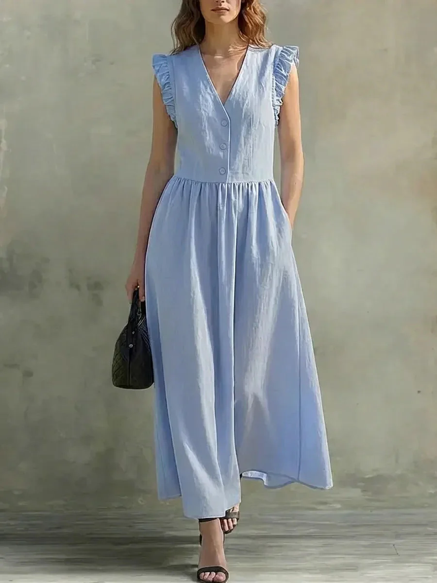 V-Neck Puff-Sleeve Dress with Pockets – Cotton Linen, 7 Colors - Image 9