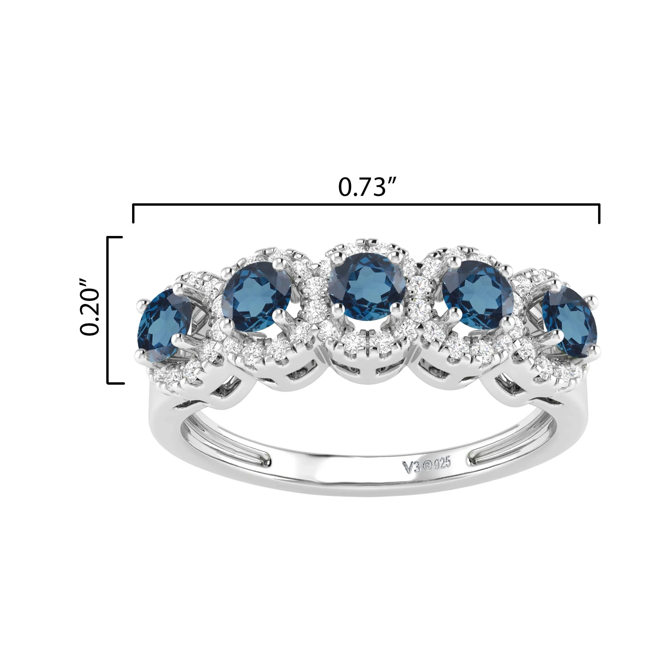 V3 Jewelry 925 Sterling Silver 1.16 Carat Natural London Blue Topaz and White Zircon Five Stone Ring - Image 4