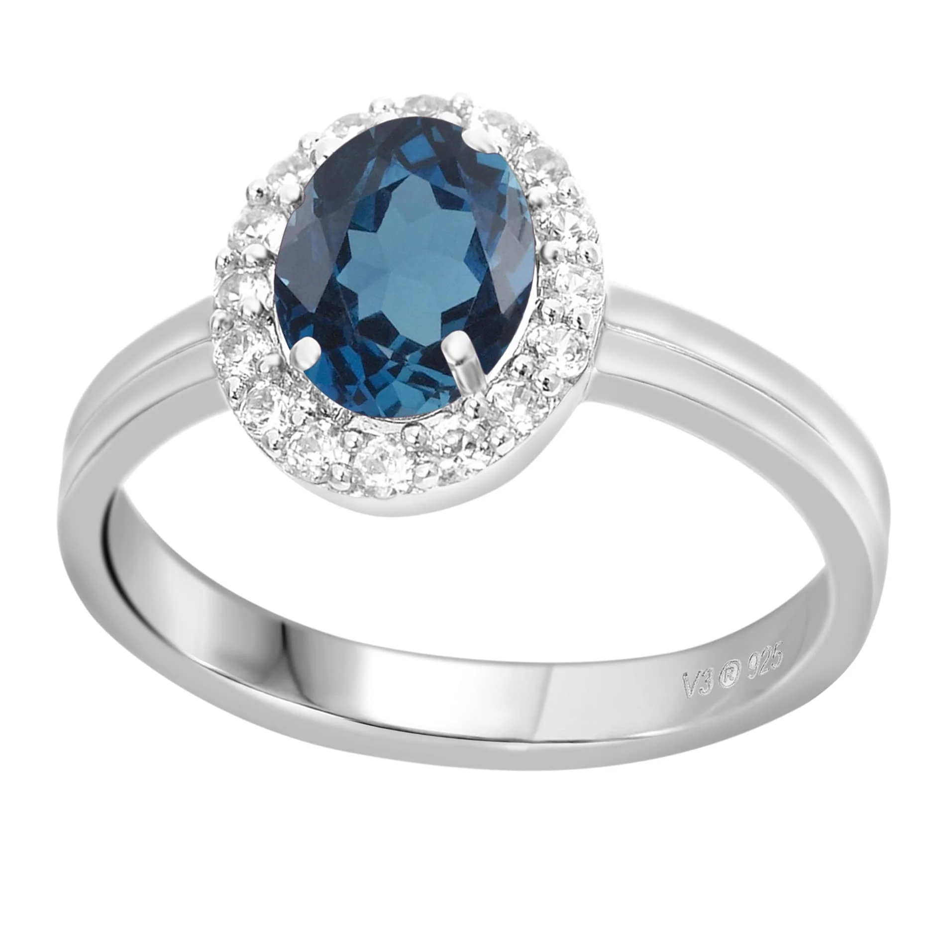 V3 Jewelry 925 Sterling Silver 1.20 Carat Oval Shape Natural London Blue Topaz and White Topaz Halo Ring - Image 3