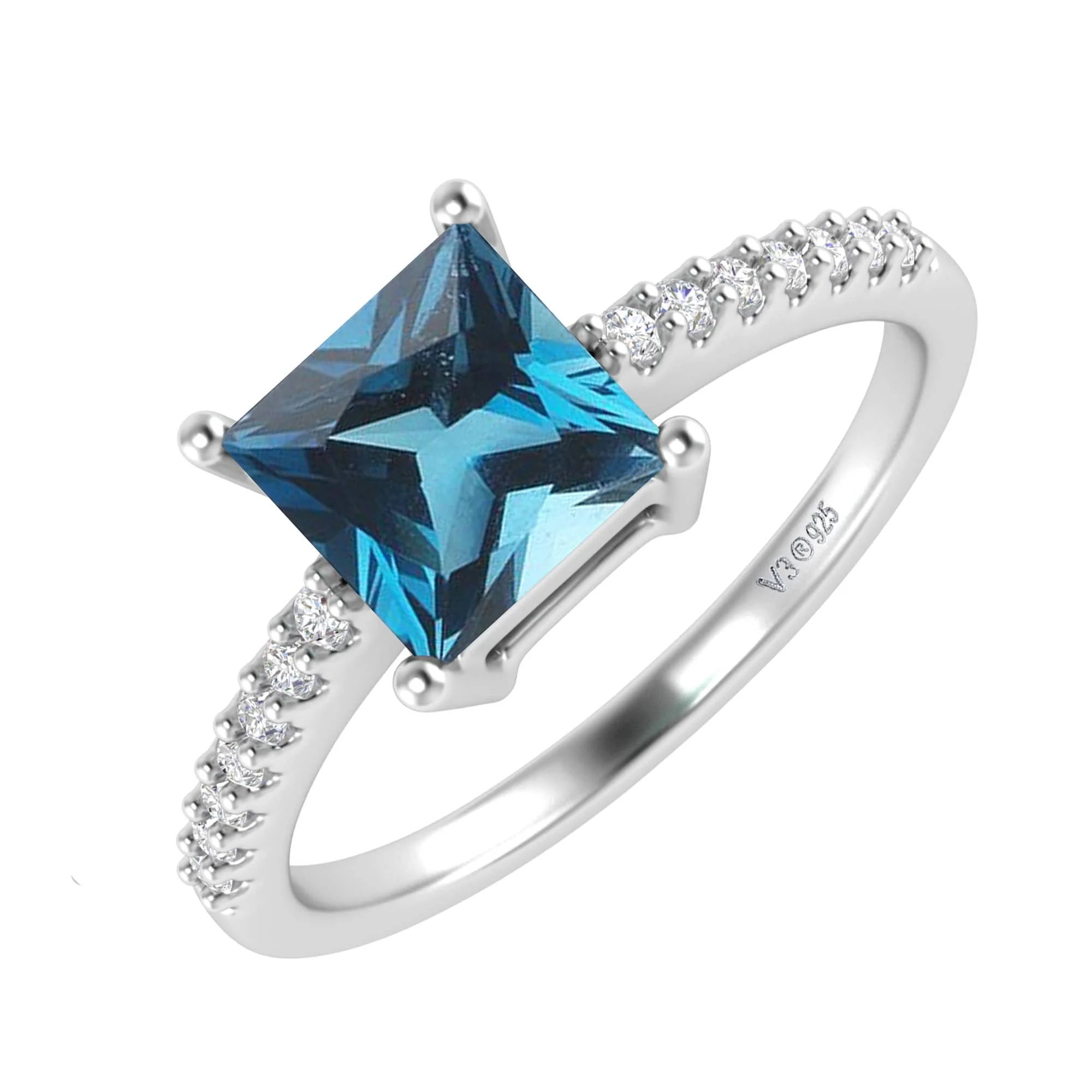 V3 Jewelry 925 Sterling Silver 1.50 Carat Princess Cut Natural London Blue Topaz and White Topaz Engagement Ring - Image 3