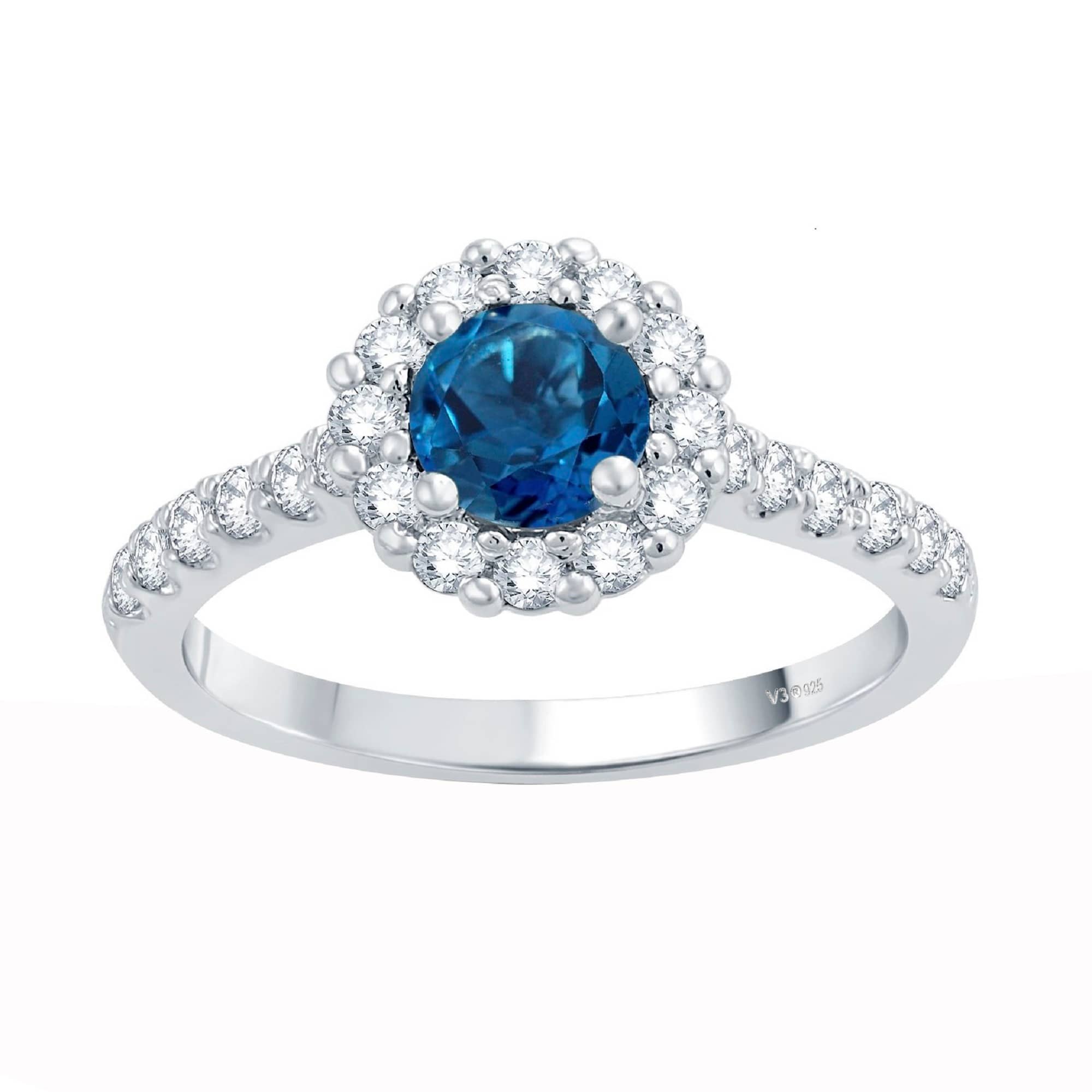 V3 Jewelry 925 Sterling Silver 1.75 Carat Natural London Blue Topaz and Natural White Topaz Halo Ring - Image 2
