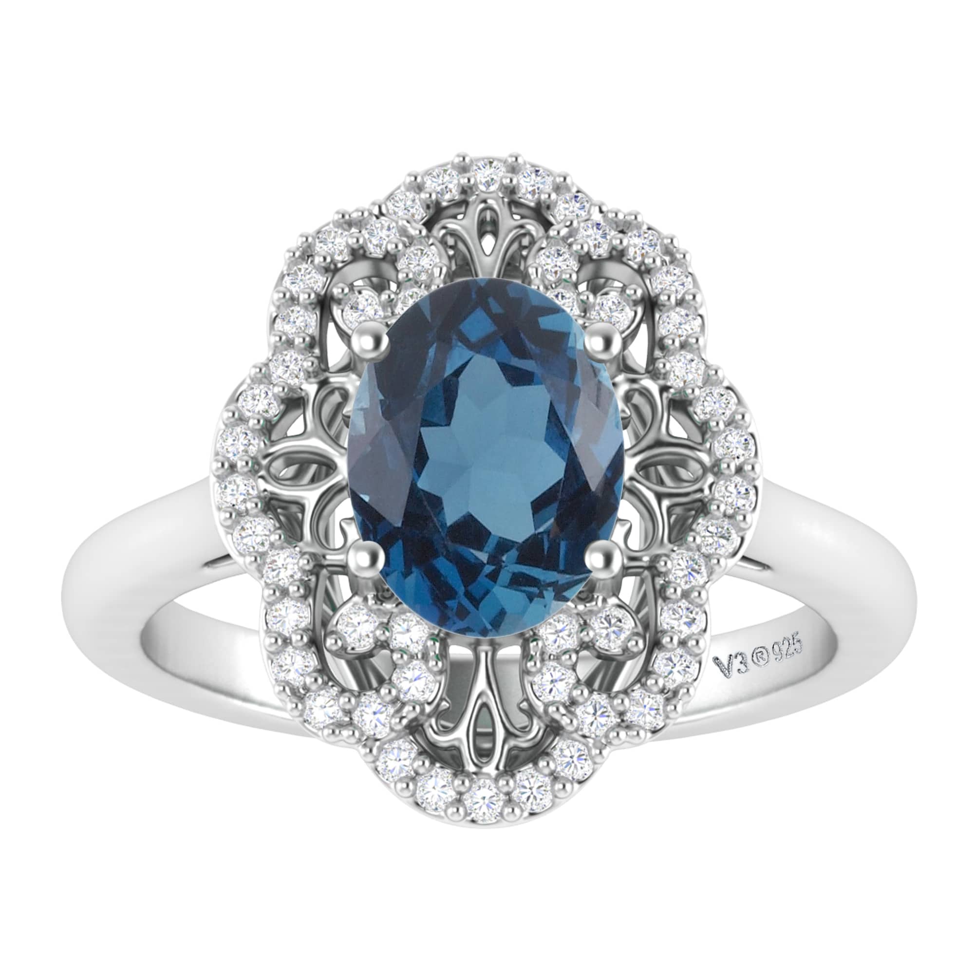 V3 Jewelry 925 Sterling Silver 1.80 Carat Natural London Blue Topaz and White Topaz Cluster Ring - Image 2