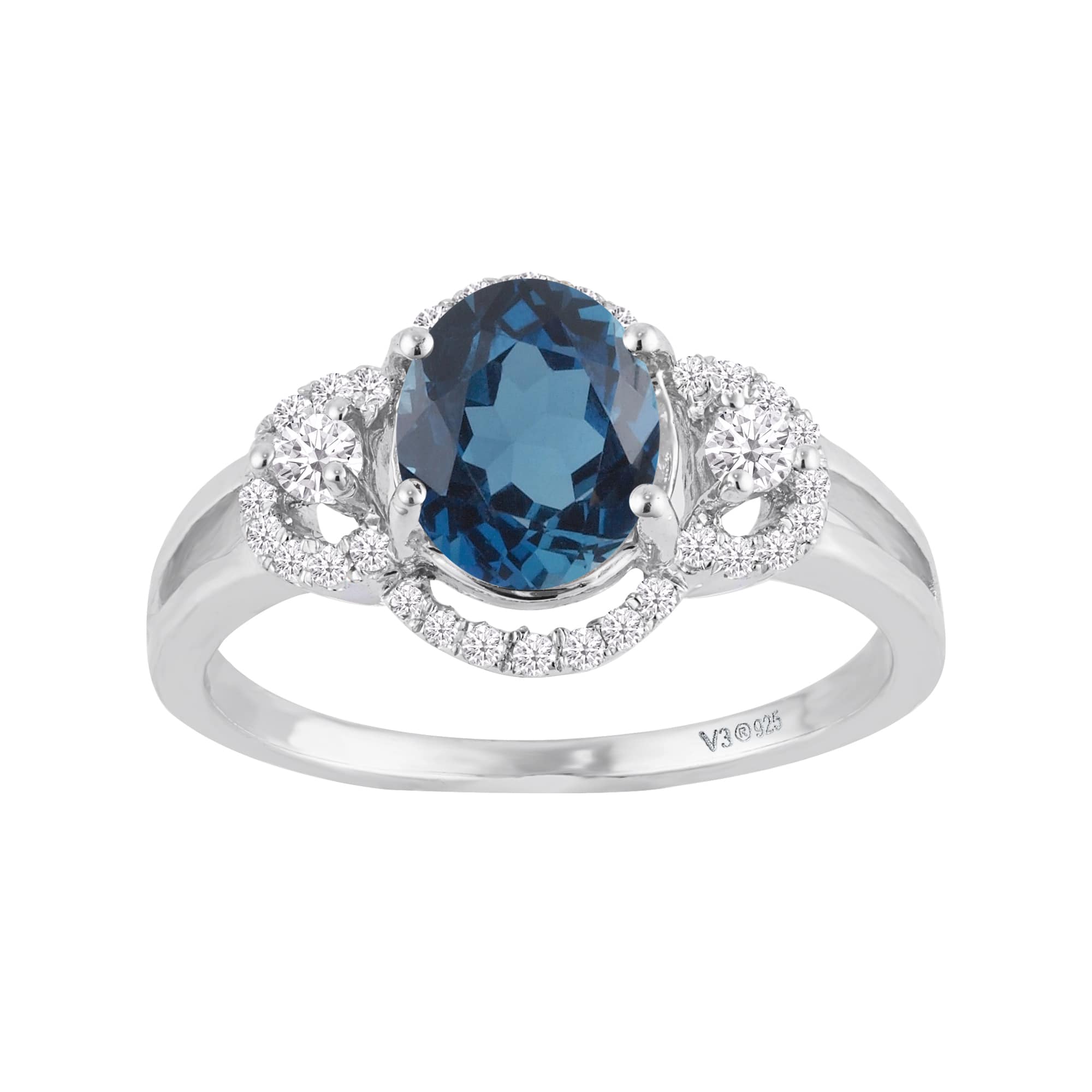 V3 Jewelry 925 Sterling Silver 1.97 Carat Oval Cut Natural London Blue Topaz and White Zircon Halo Ring - Image 6