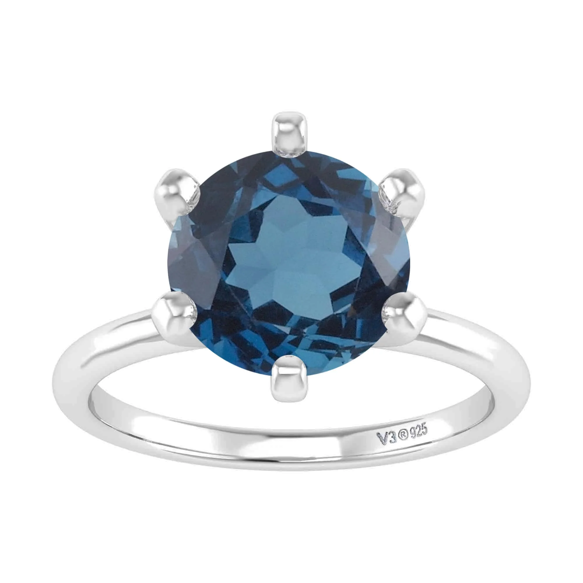 V3 Jewelry 925 Sterling Silver 2.20 Carat Round Cut Natural London Blue Topaz Solitaire Ring - Image 5
