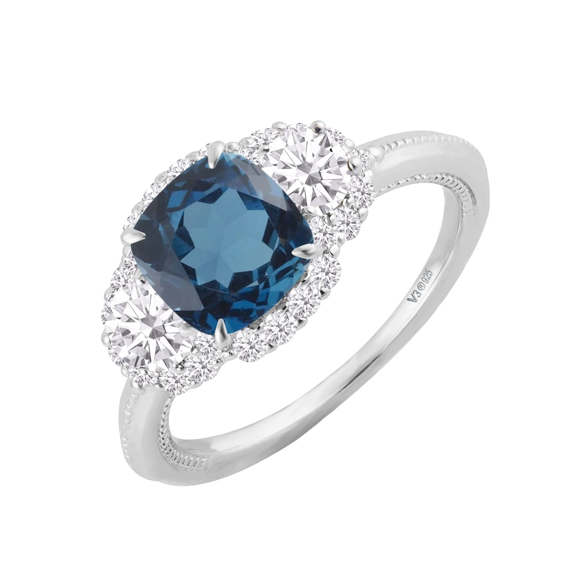 V3 Jewelry 925 Sterling Silver 2.43 Carat Natural London Blue Topaz, Moissanite and White Zircon Three Stone Ring - Image 4