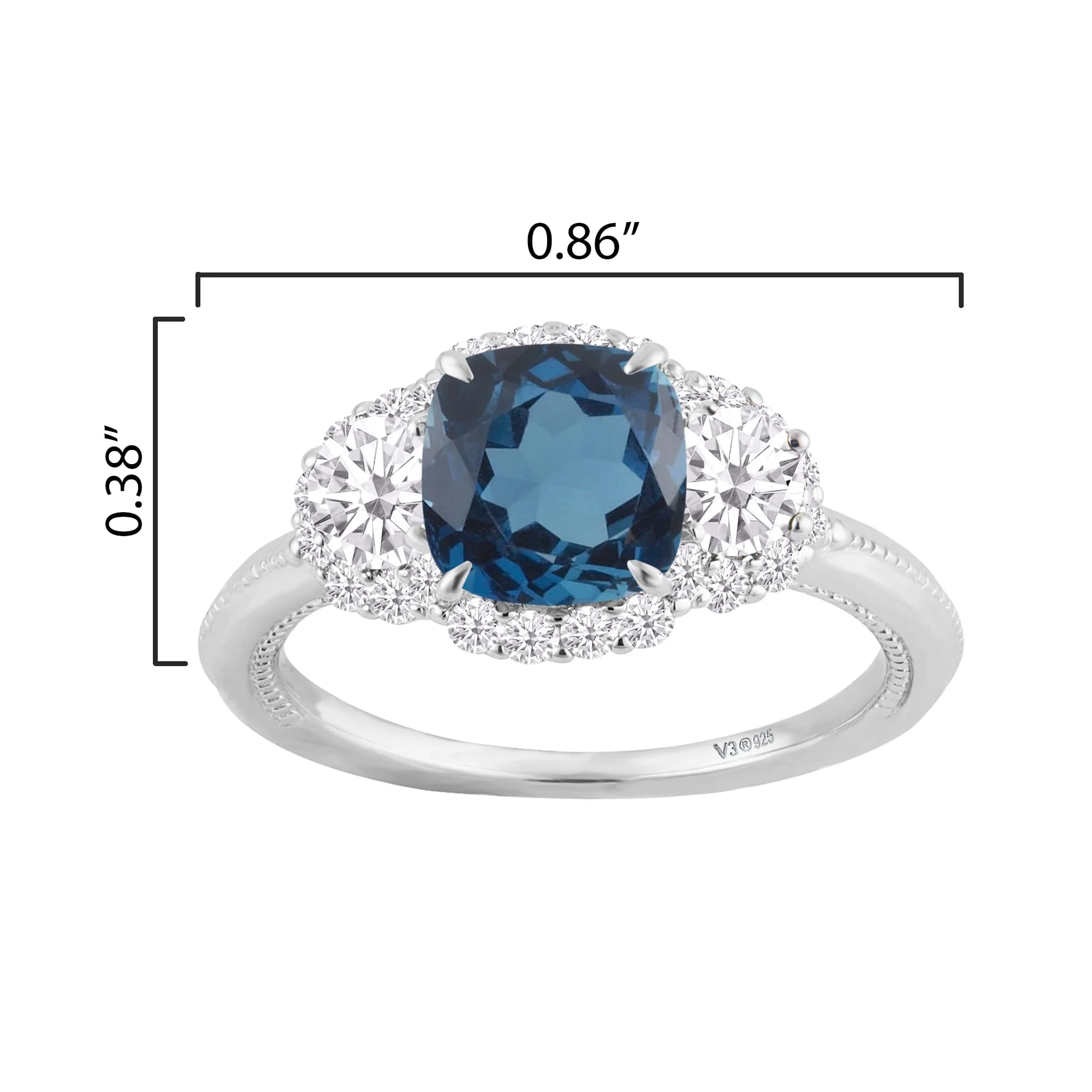 V3 Jewelry 925 Sterling Silver 2.43 Carat Natural London Blue Topaz, Moissanite and White Zircon Three Stone Ring - Image 5