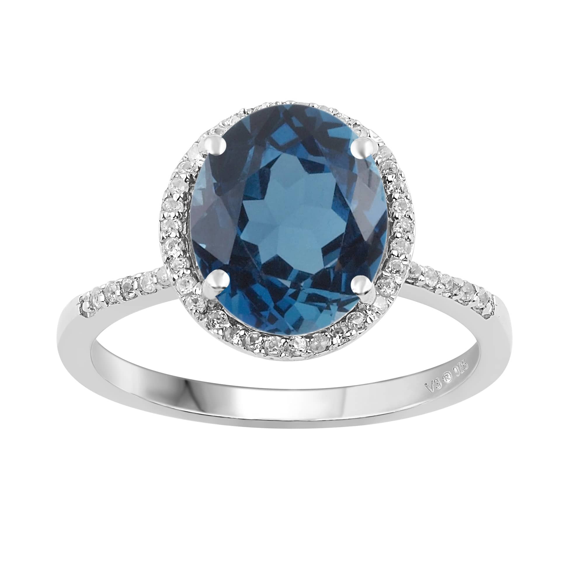 V3 Jewelry 925 Sterling Silver 3.55 Carat Oval Cut Natural London Blue Topaz and White Topaz Halo Ring - Image 3