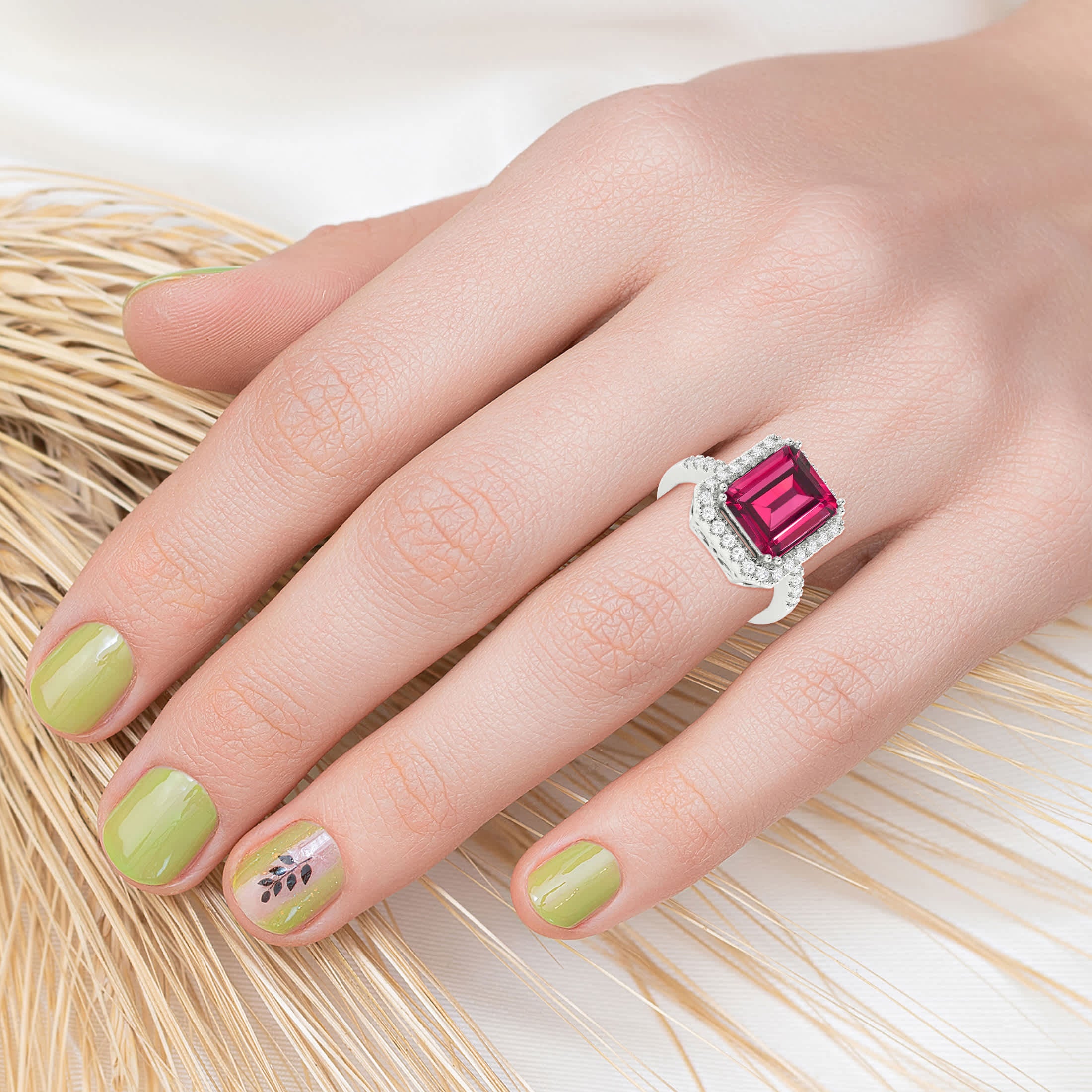 V3 Jewelry 925 Sterling Silver 4.25 Carat Emerald Cut Red Ruby and White Topaz Halo Ring - Image 4