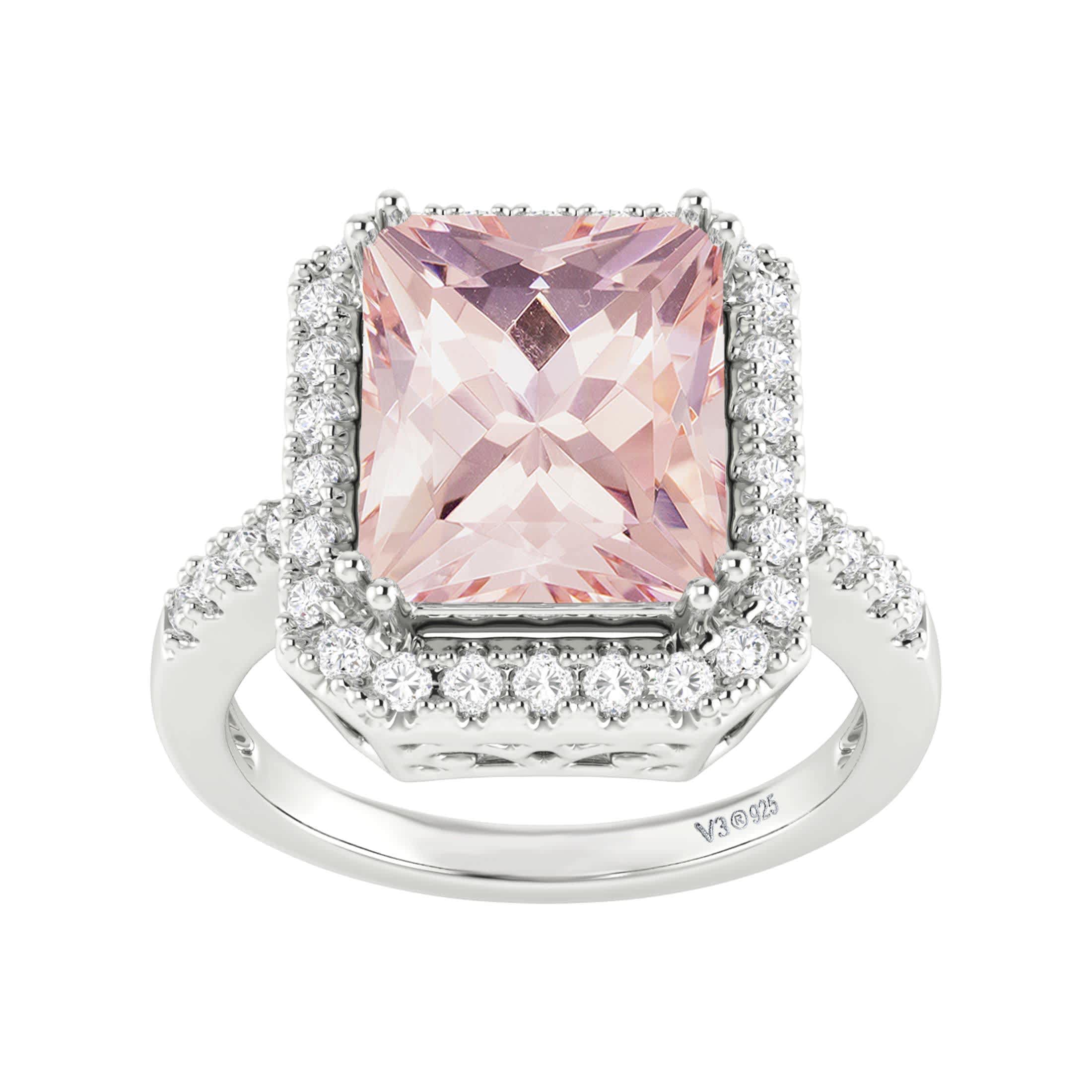 V3 Jewelry 925 Sterling Silver 4.50 Carat Emerald Cut Morganite and White Topaz Halo Ring - Image 5