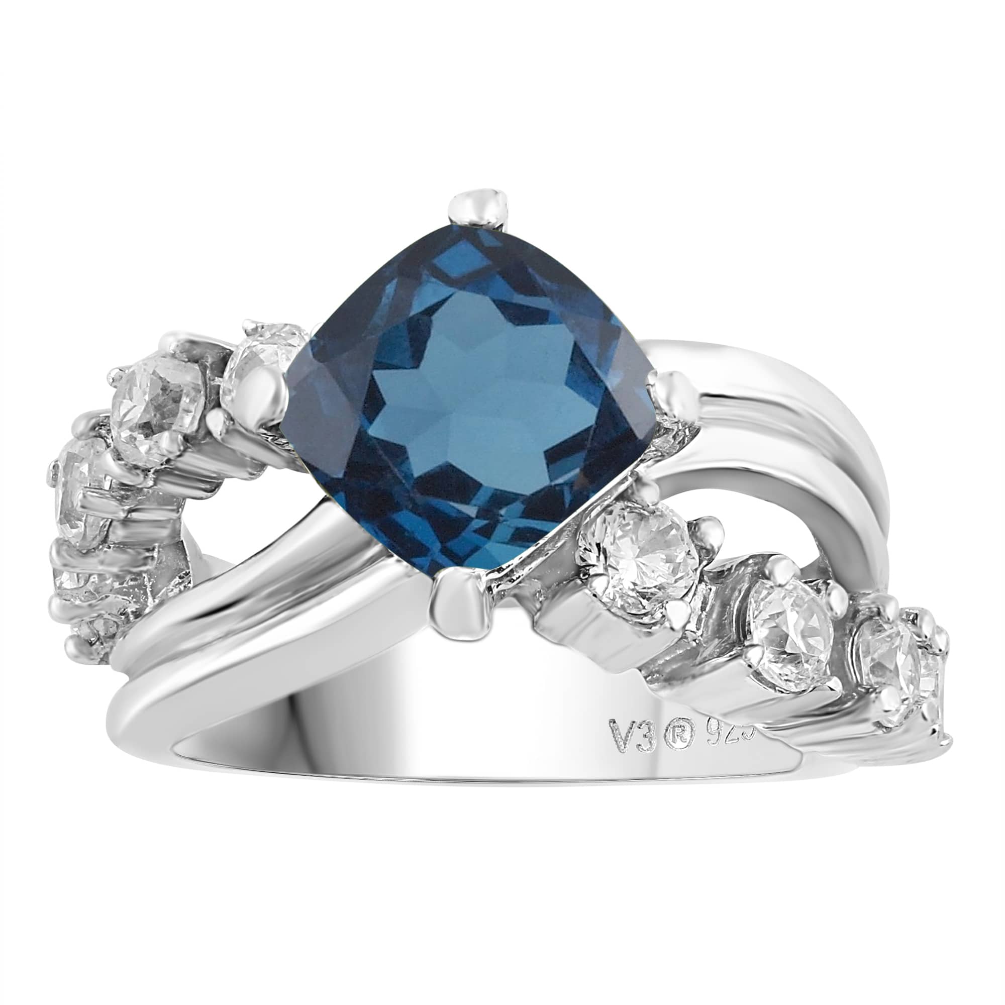 V3 Jewelry 925 Sterling Silver Cushion Cut 8 MM Natural London Blue Topaz and White Topaz Swirl Ring - Image 3