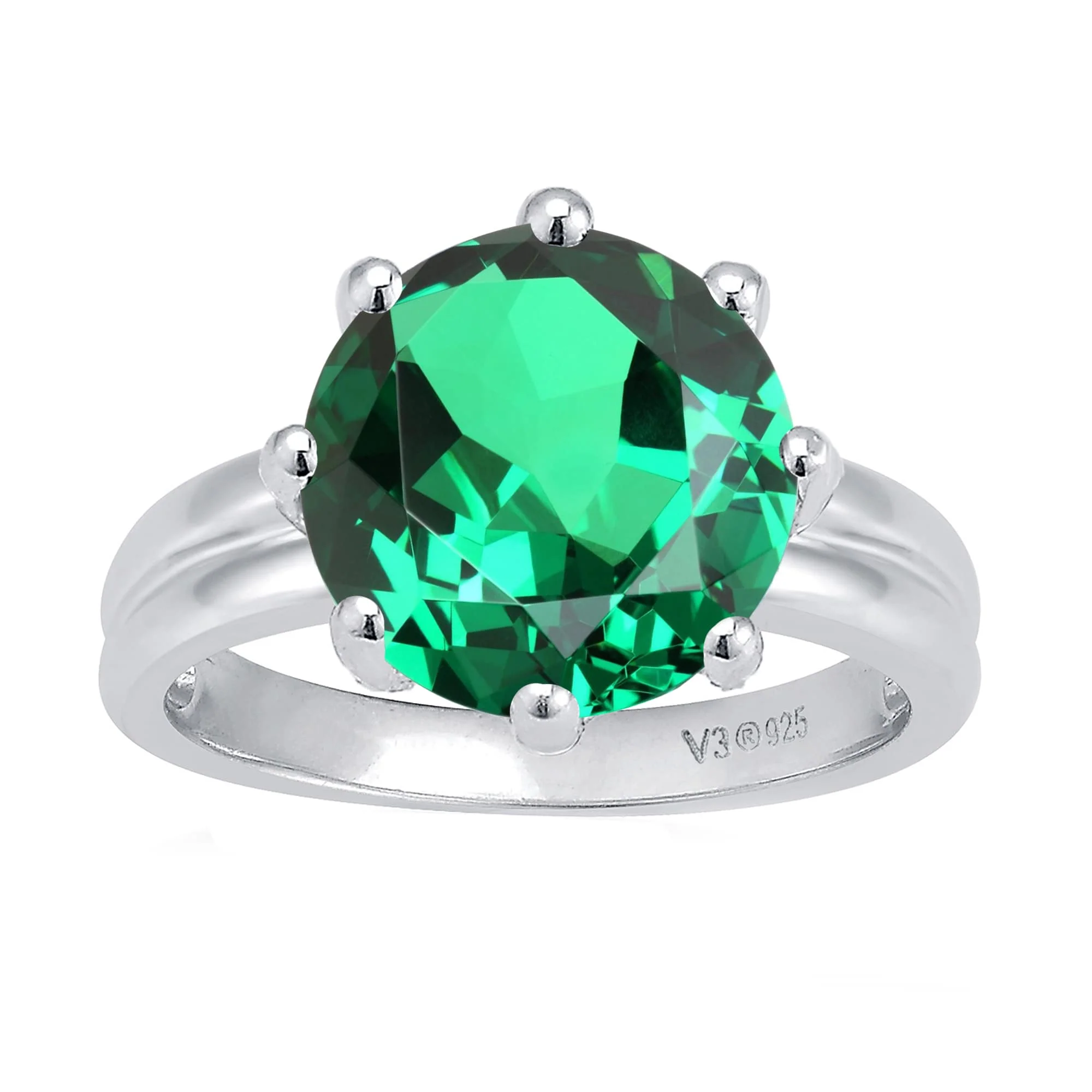 V3 Jewelry 925 Sterling Silver Round Cut 3.10 Carat Green Emerald Solitaire Ring - Image 2