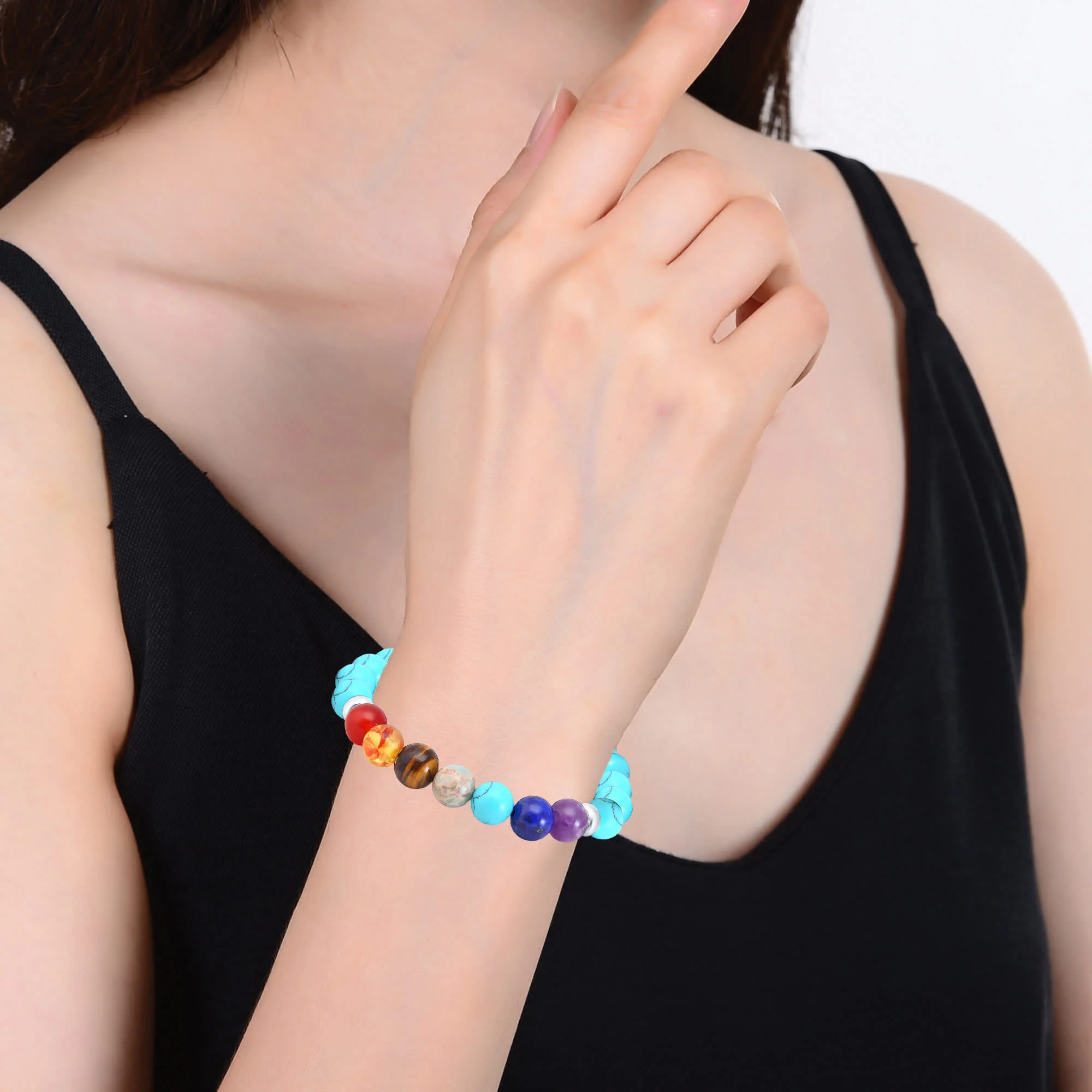 V3 Jewelry Sterling Silver Genuine Chakra and Amber Beads Stretch Bracelet - Image 8