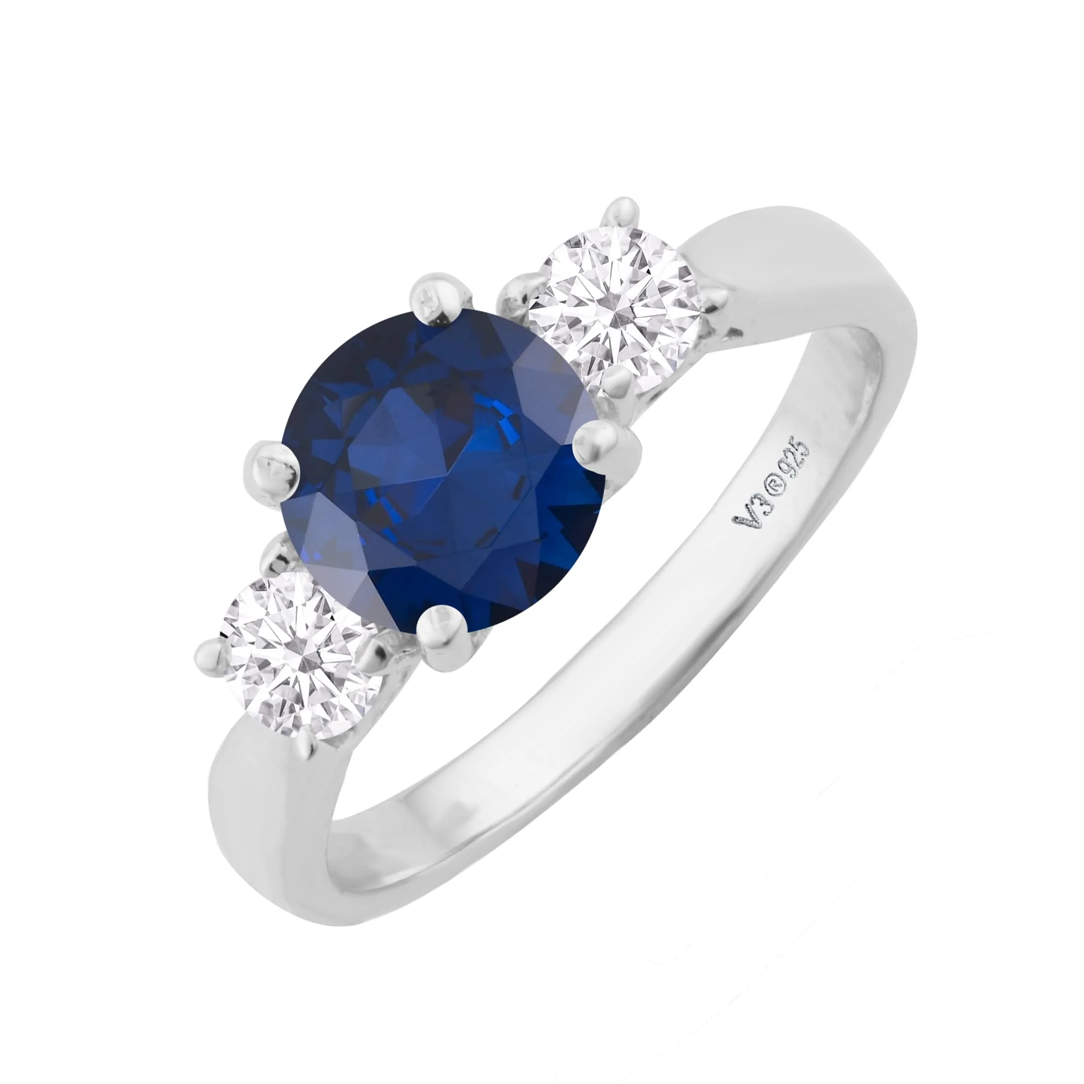 V3 Jewelry Sterling Silver with Blue Sapphire and Moissanite Three Stone Ring - Image 6