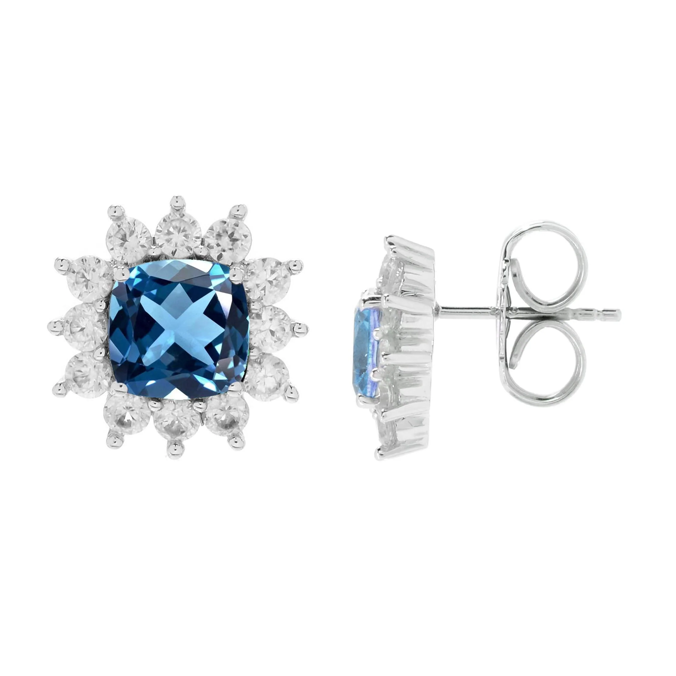 V3 Jewelry Sterling Silver with Cushion Cut Natural London Blue Topaz and White Zircon Halo Stud Earrings - Image 2