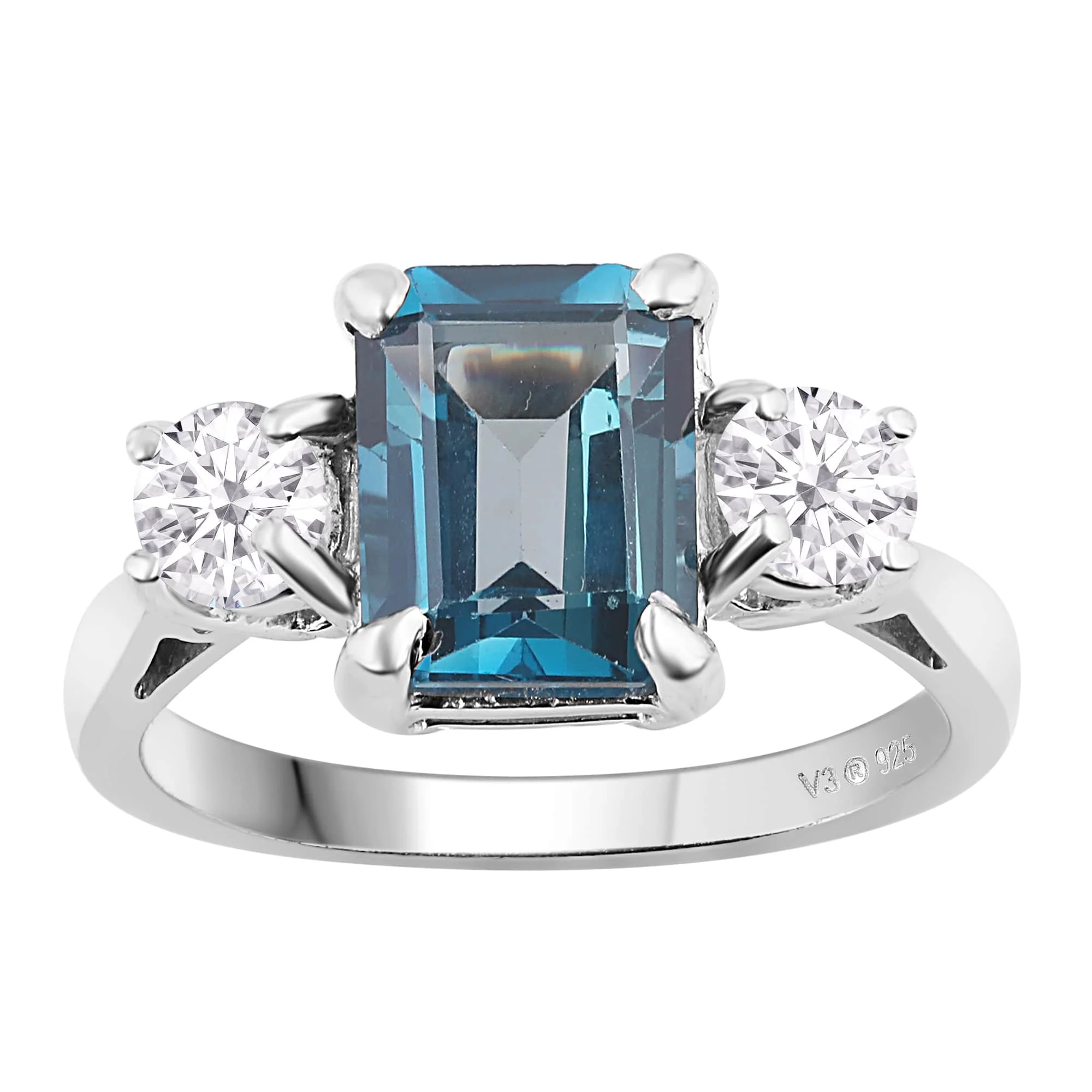 V3 Jewelry Sterling Silver with London Blue Topaz and Moissanite Three Stone Ring - Image 2