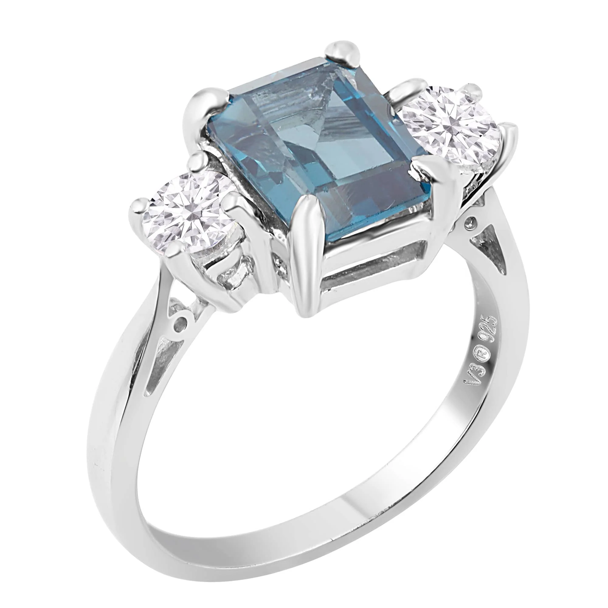 V3 Jewelry Sterling Silver with London Blue Topaz and Moissanite Three Stone Ring - Image 4