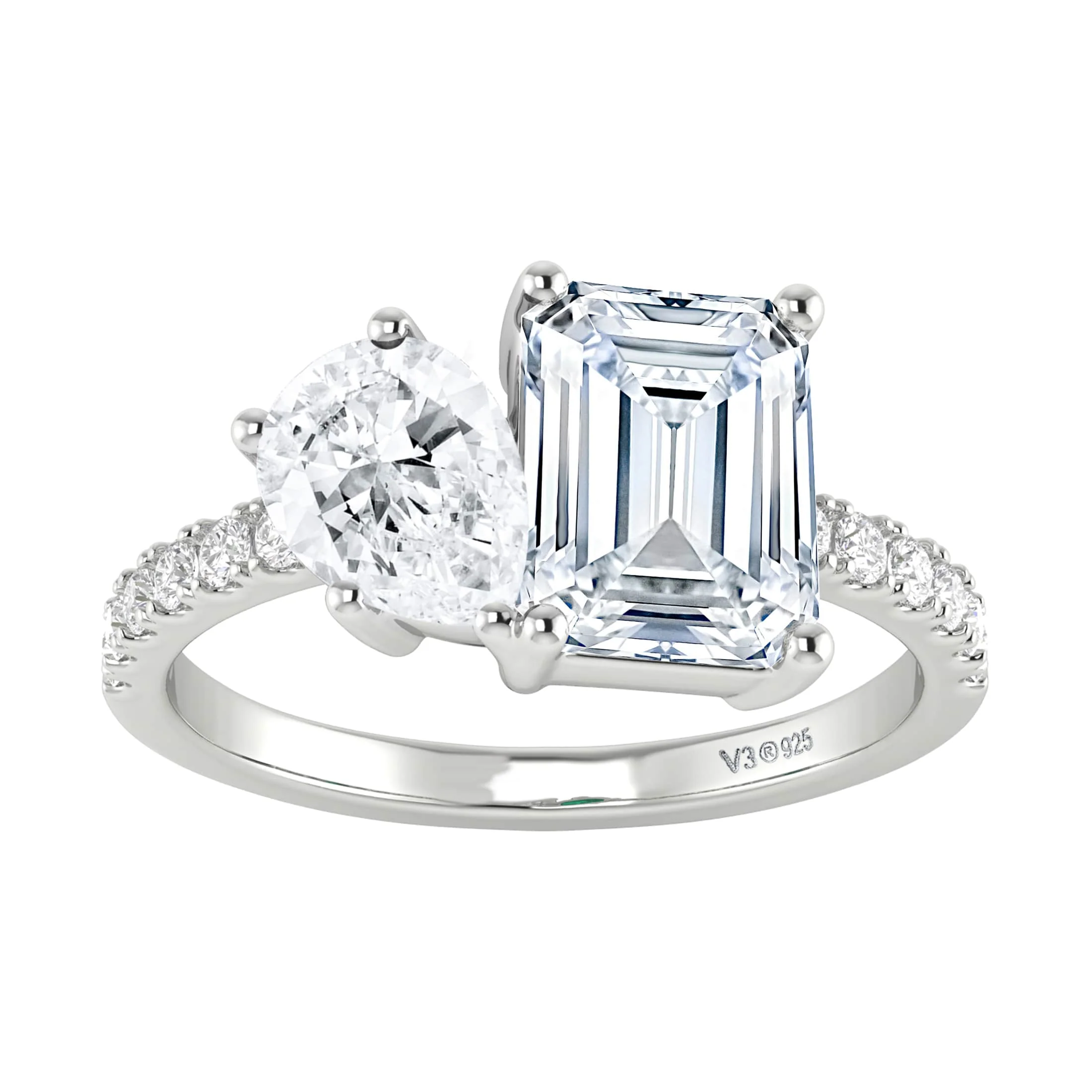 V3 Jewelry Sterling Silver with Moissanite and White Topaz Two Stone Engagement Ring - Image 2