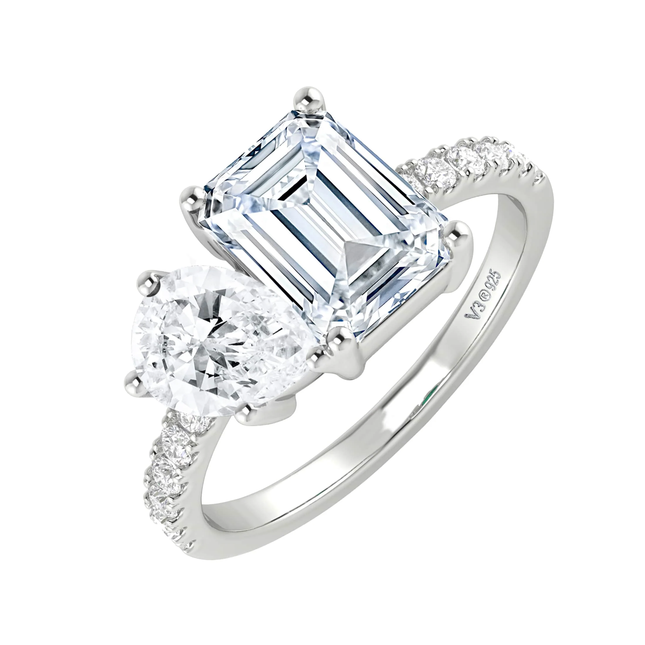 V3 Jewelry Sterling Silver with Moissanite and White Topaz Two Stone Engagement Ring - Image 4