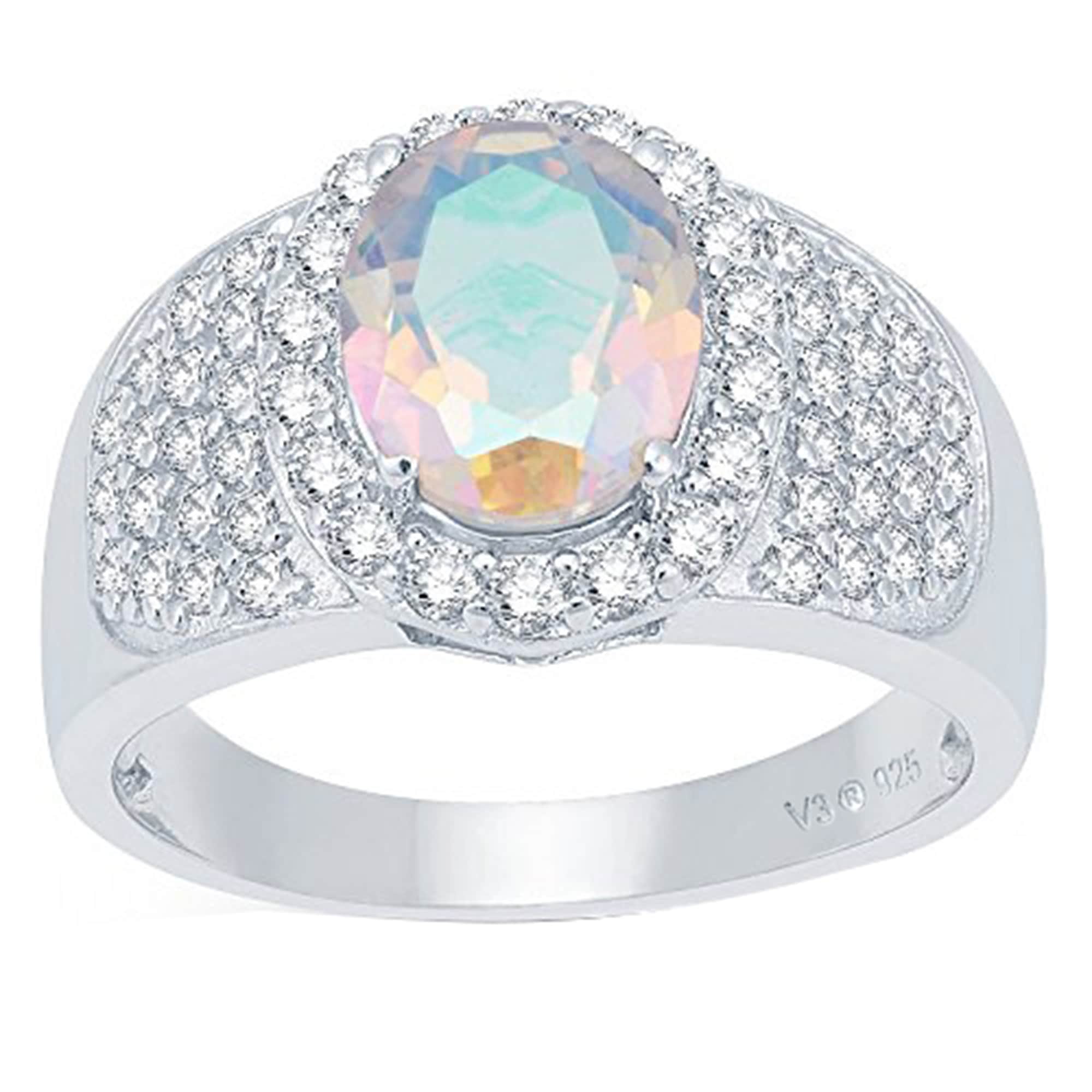 V3 Jewelry Sterling Silver with Natural Mercury Opal Topaz and White Topaz Halo Ring