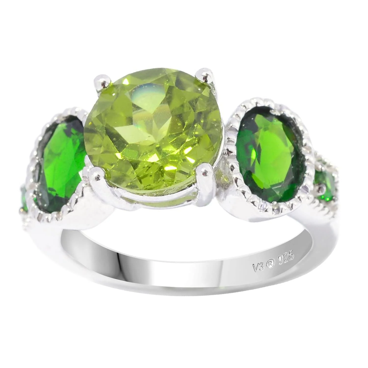 V3 Jewelry Sterling Silver with Natural Peridot and Chrome Diopside Five Stone Ring