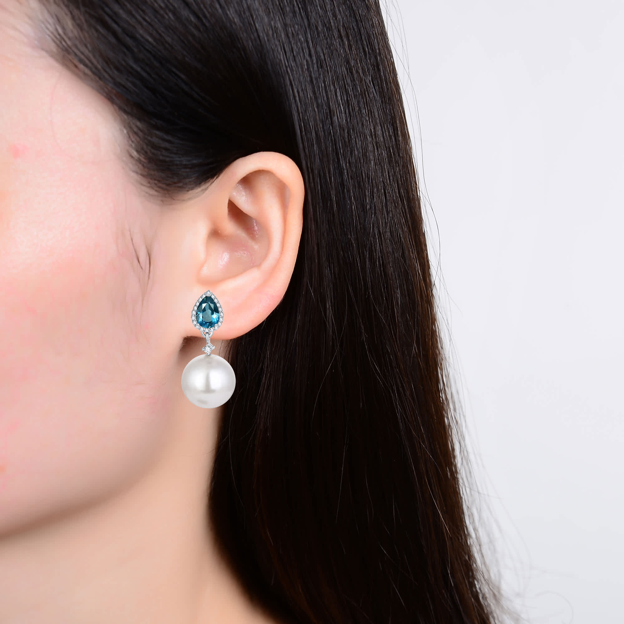 V3 Jewelry Sterling Silver with shell Pearl, Natural London Blue Topaz and White Topaz Drop Earring - Image 4