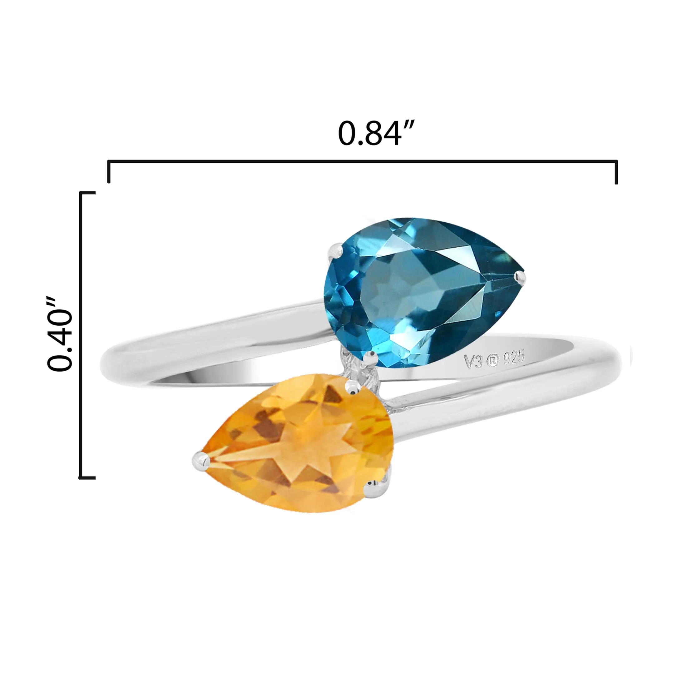 V3 Jewelry 1.30CT Natural London Blue Topaz and Citrine Two Stone Sterling Silver Ring - Image 2
