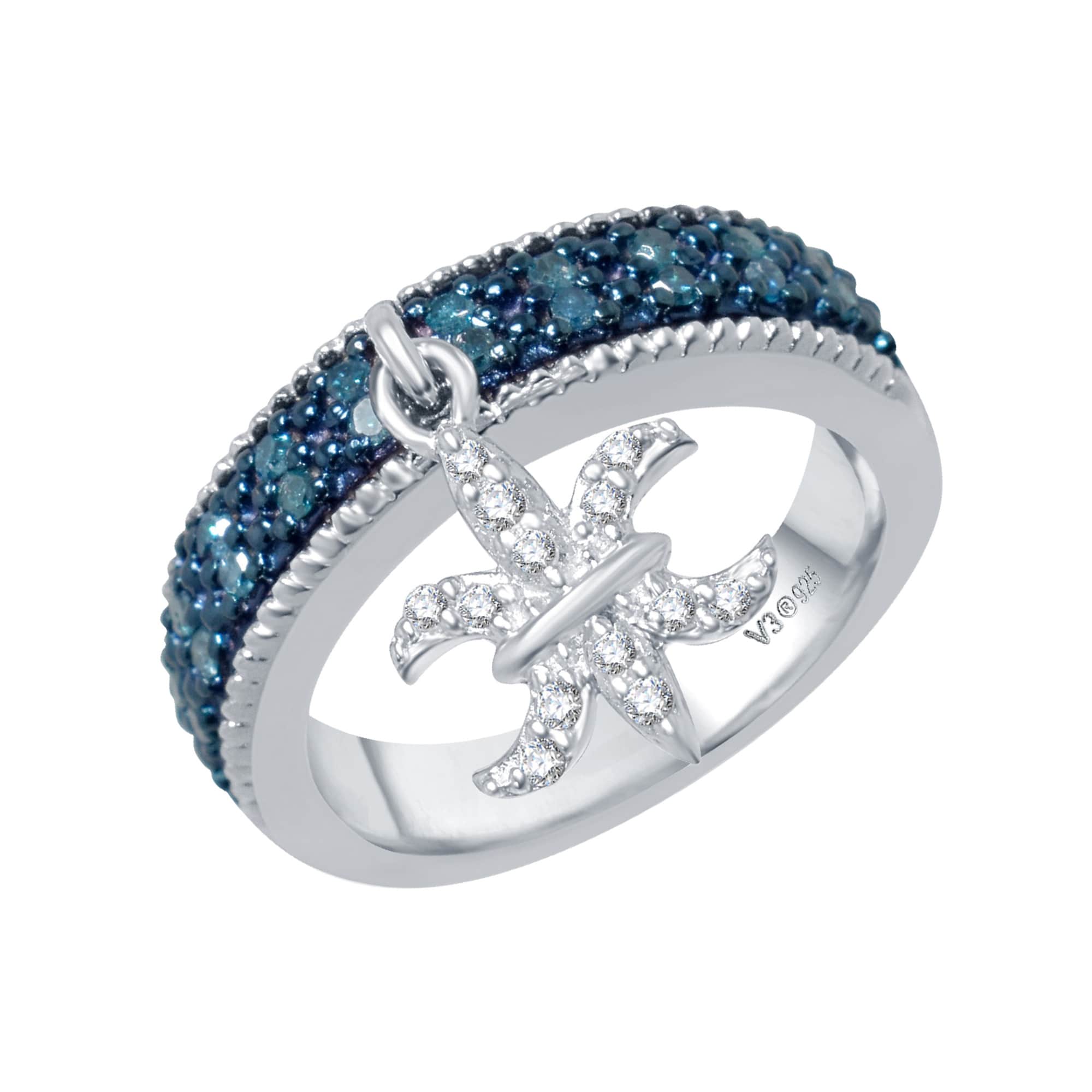 V3 Jewelry 1/4 CTTW Sterling Silver Natural White & Blue Diamond Charm Ring - Image 2