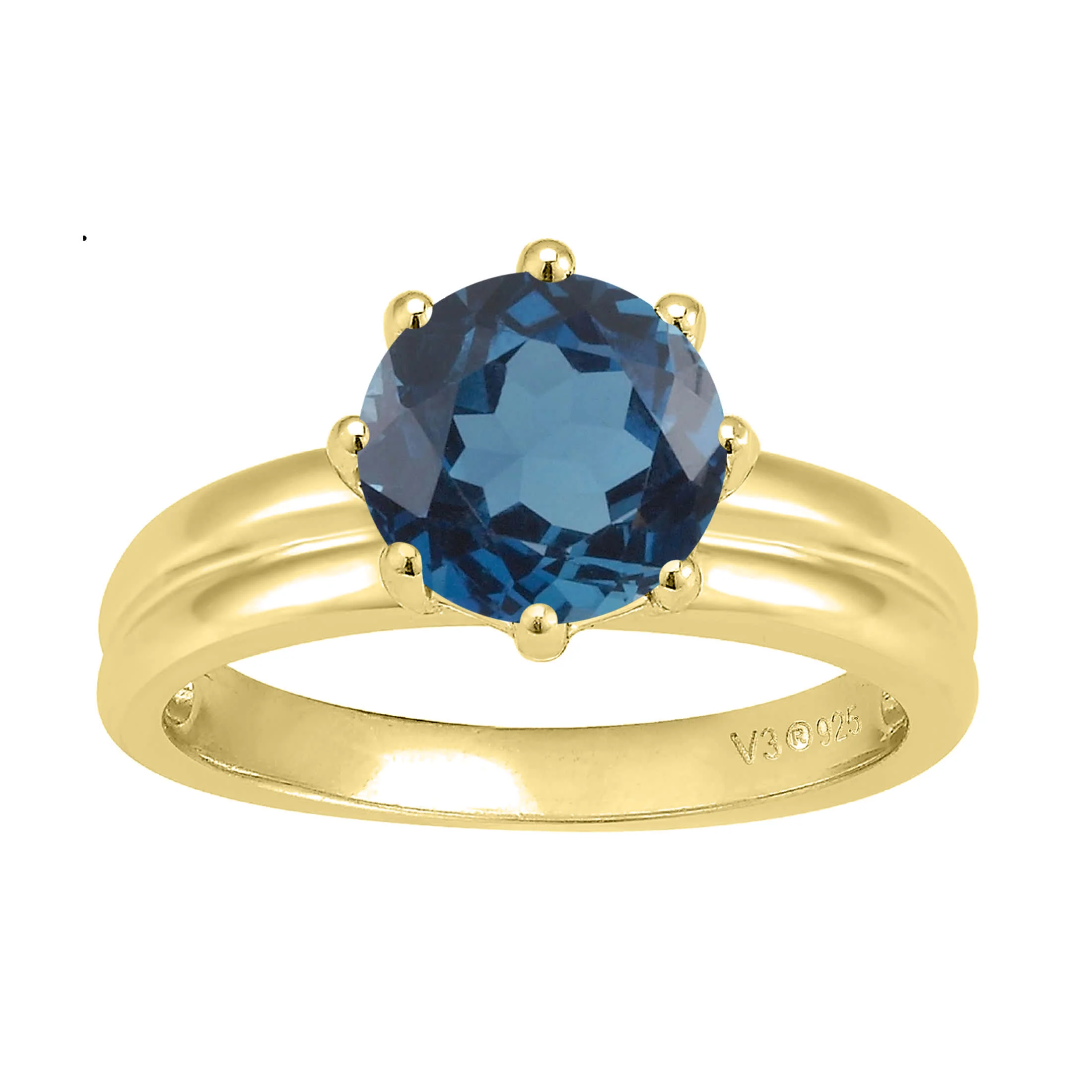 V3 Jewelry 18KT Gold Over Sterling Silver 2.20CT Round Natural London Blue Topaz Solitaire Ring - Image 2