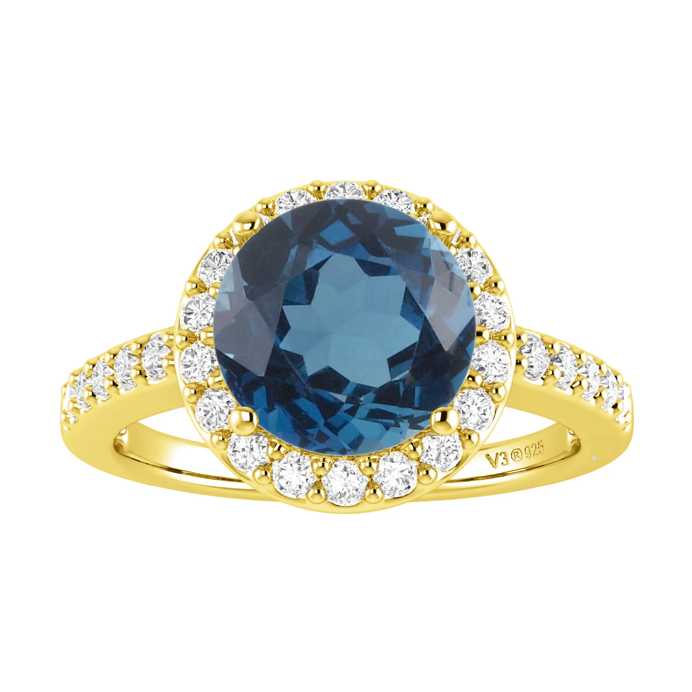 V3 Jewelry 18KT Gold Over Sterling Silver 2.75CT Real London Blue Topaz and White Topaz Halo Ring - Image 2
