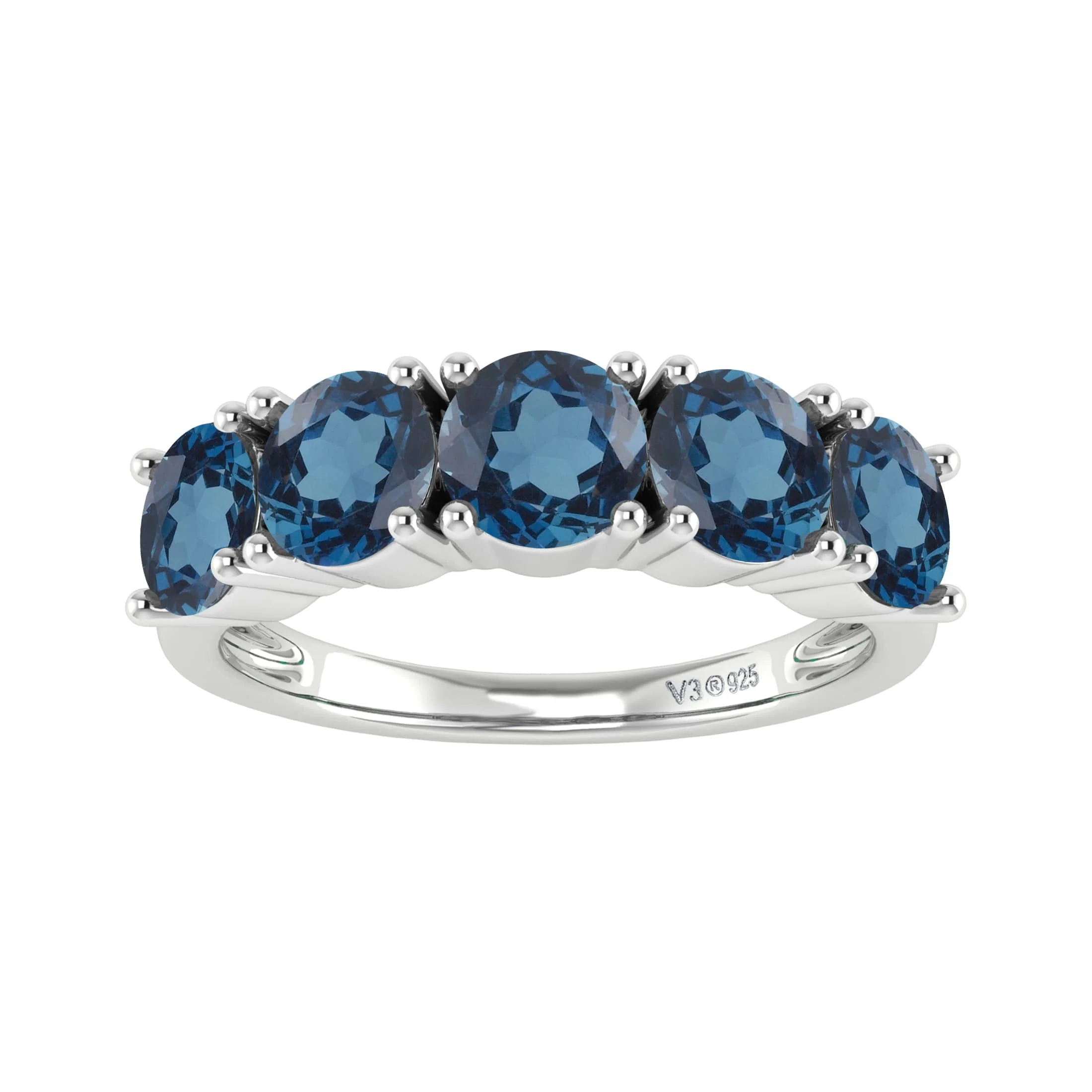 V3 Jewelry 925 Sterling Silver 2.35 Carat Round Cut Natural London Blue Topaz Five Stone Band Ring - Image 2