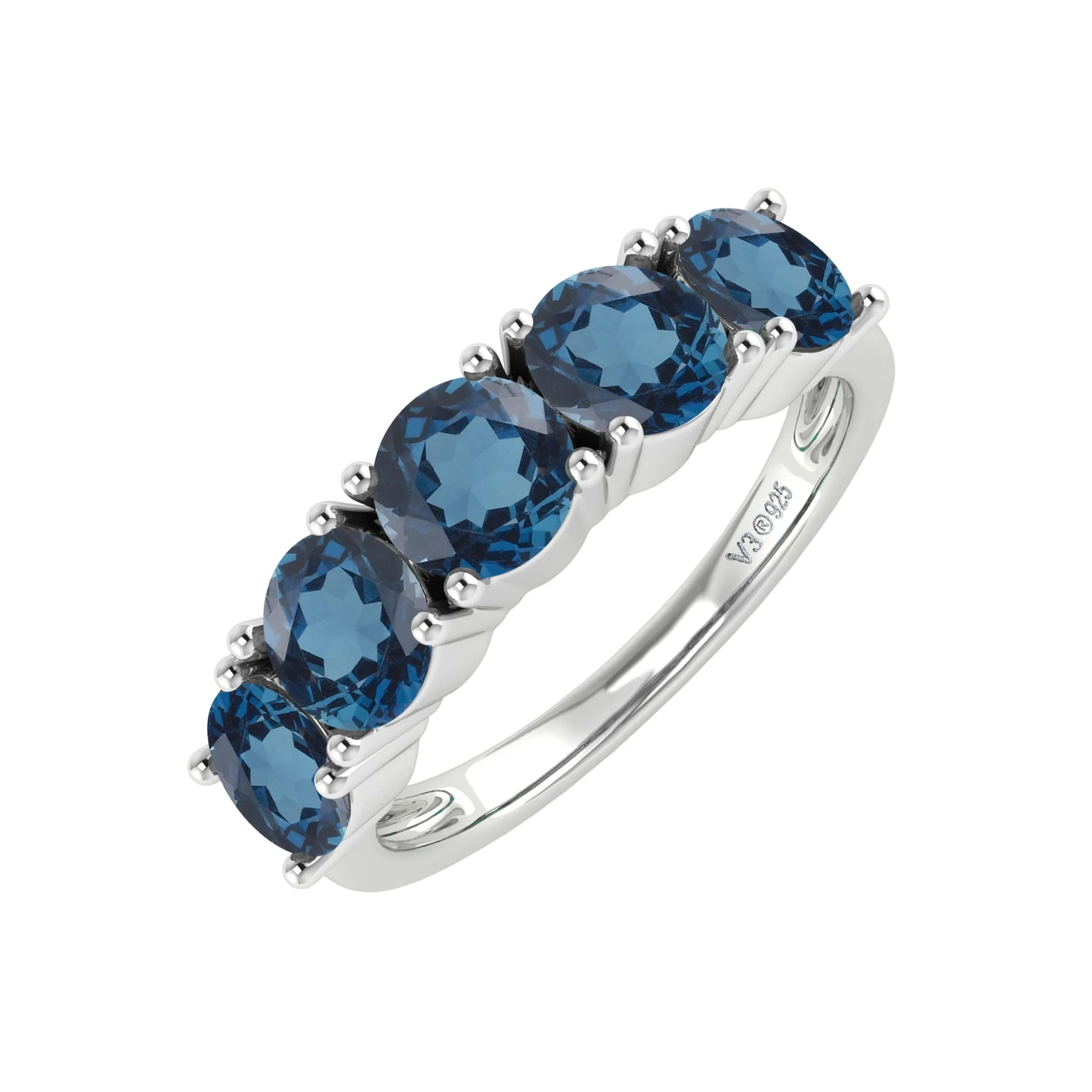 V3 Jewelry 925 Sterling Silver 2.35 Carat Round Cut Natural London Blue Topaz Five Stone Band Ring - Image 7