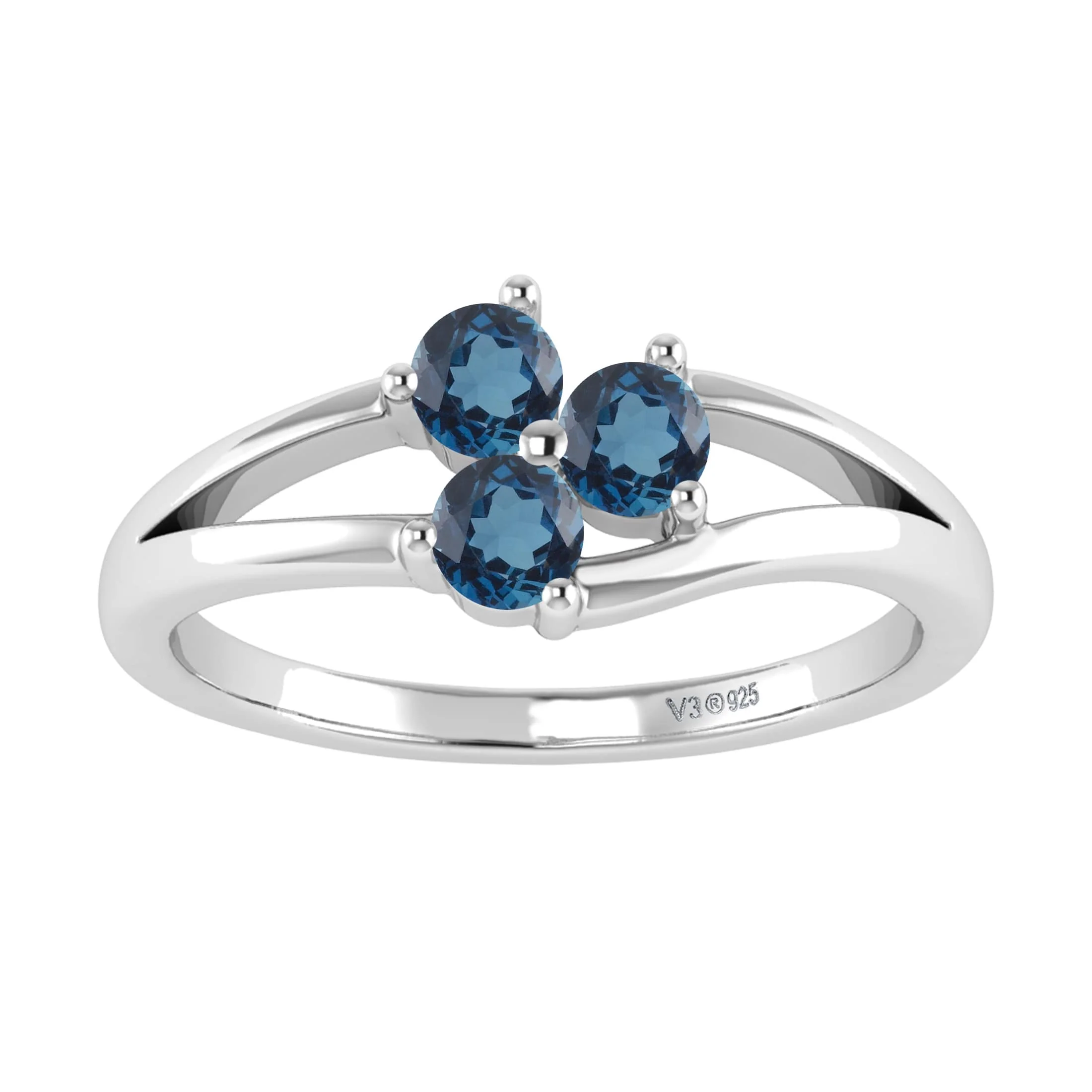 V3 Jewelry 925 Sterling Silver Round Cut 0.45CT London Blue Topaz Three Stone Ring - Image 3
