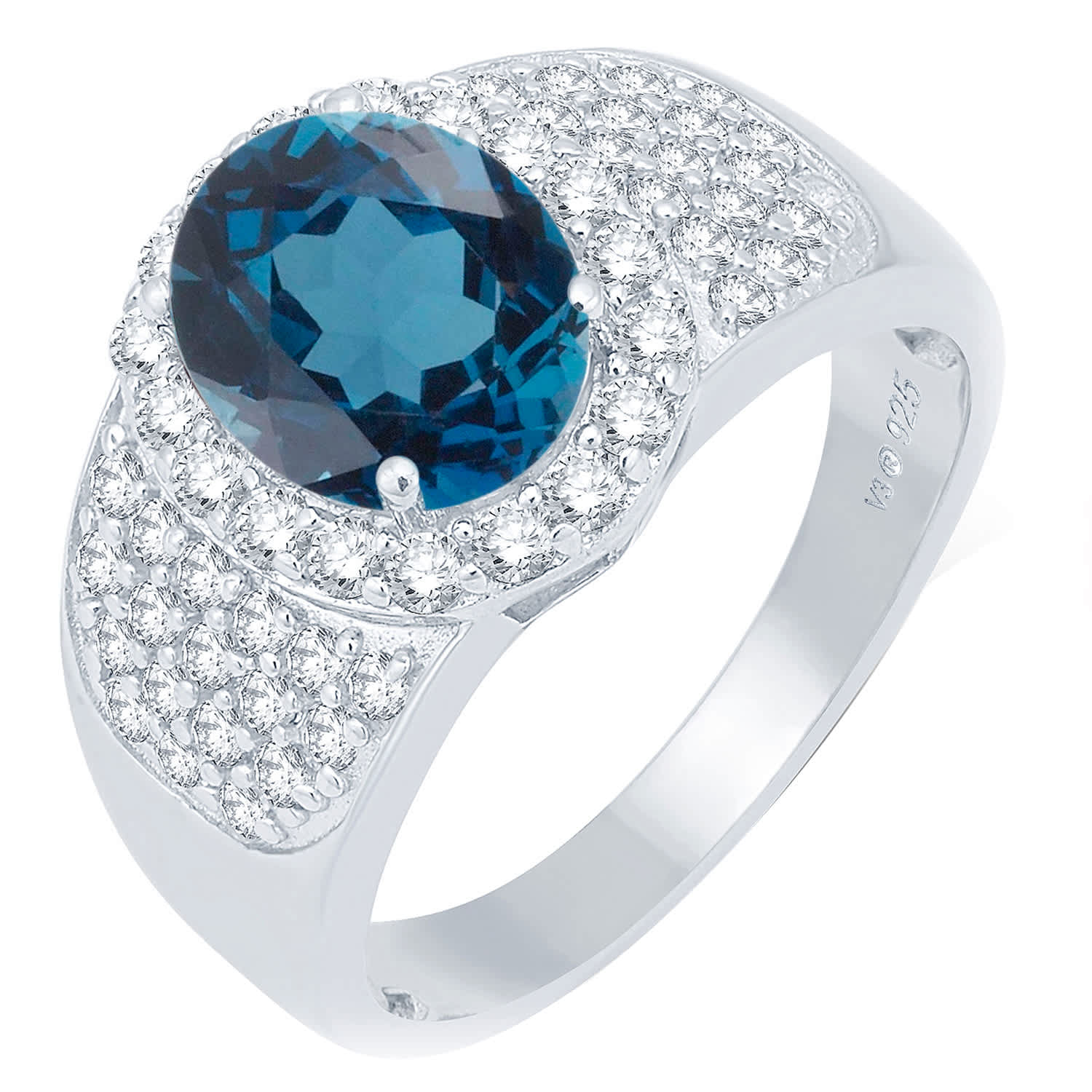 V3 Jewelry Sterling Silver 4.60CT Natural London Blue Topaz and White Topaz Halo Ring - Image 3