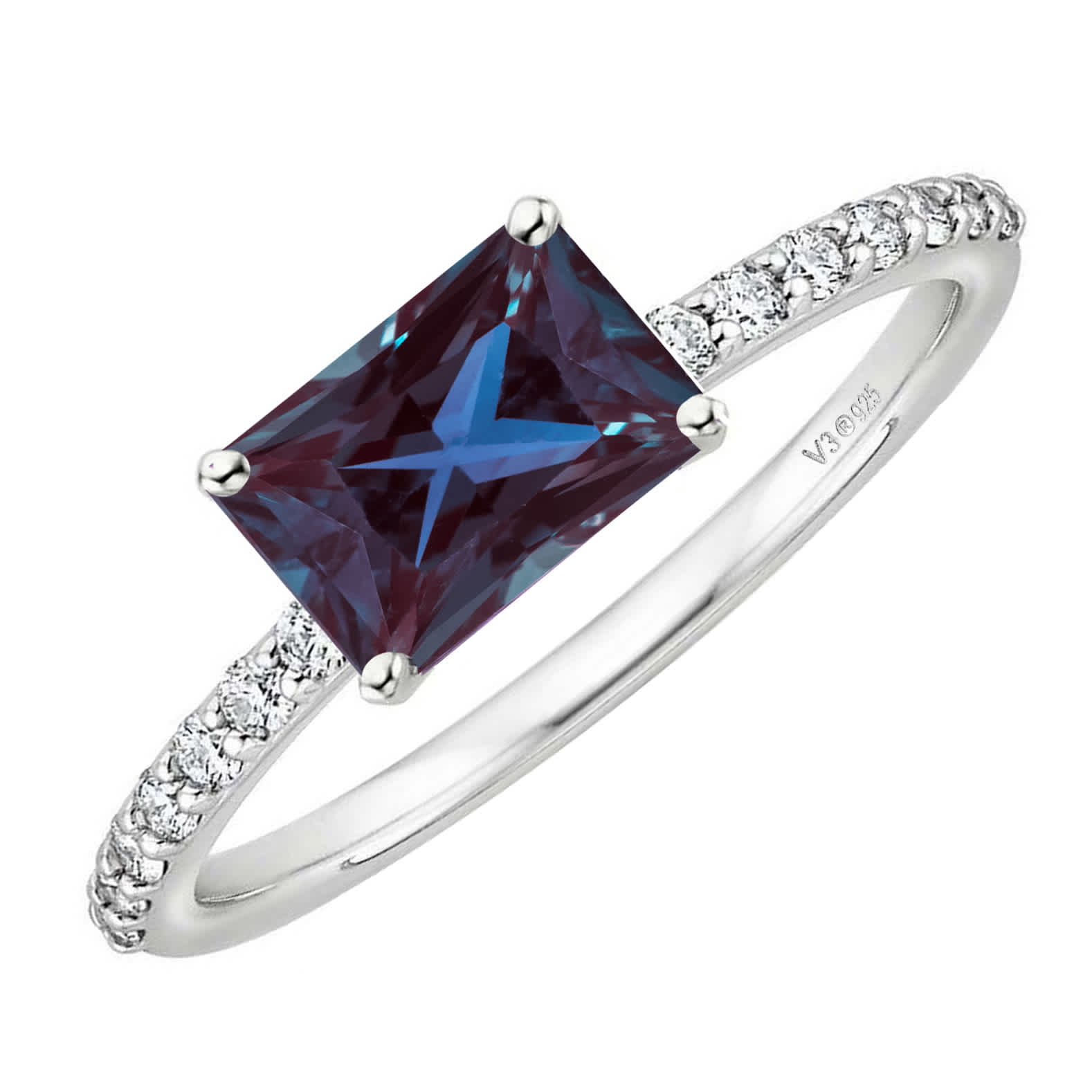 V3 Jewelry Sterling Silver Color Changing Alexandrite and White Topaz Emerald Cut Solitaire Ring - Image 14