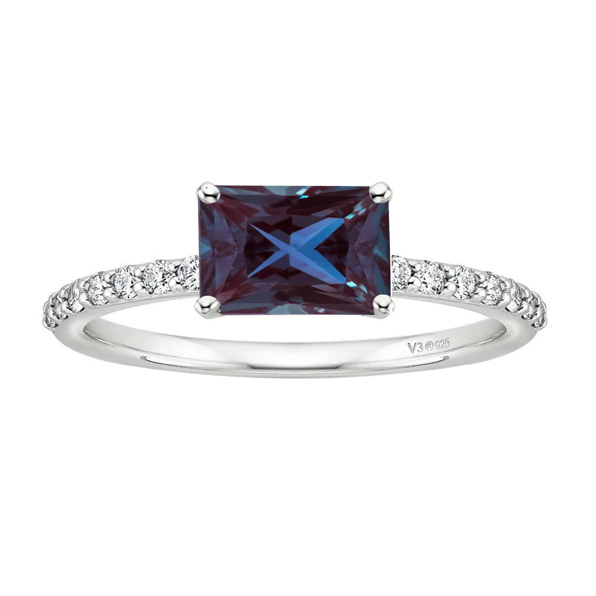 V3 Jewelry Sterling Silver Color Changing Alexandrite and White Topaz Emerald Cut Solitaire Ring - Image 25