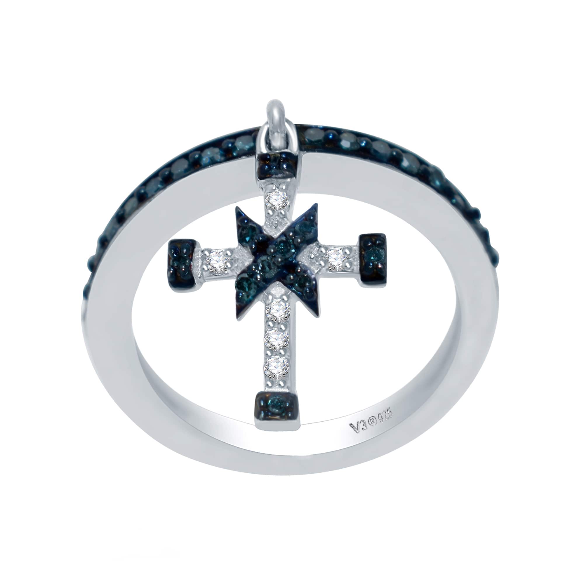 V3 Jewelry Sterling Silver Real Blue & White Diamond Cross Charm Ring - Image 2